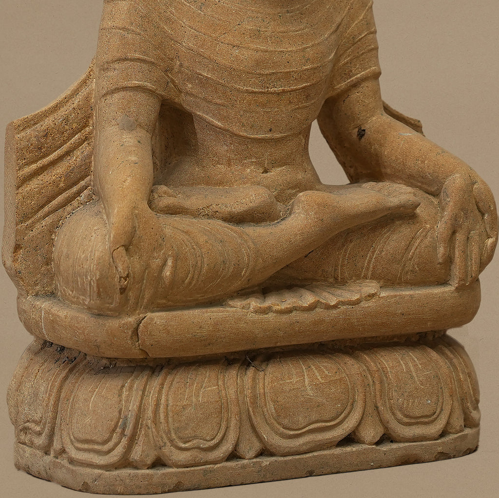 Base view of 12 inch Lord Buddha statue with canopy handcrafted from yellow sandstone 