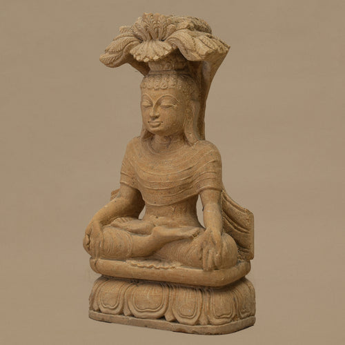 Left view of 12 inch Lord Buddha statue with canopy handcrafted from yellow sandstone 
