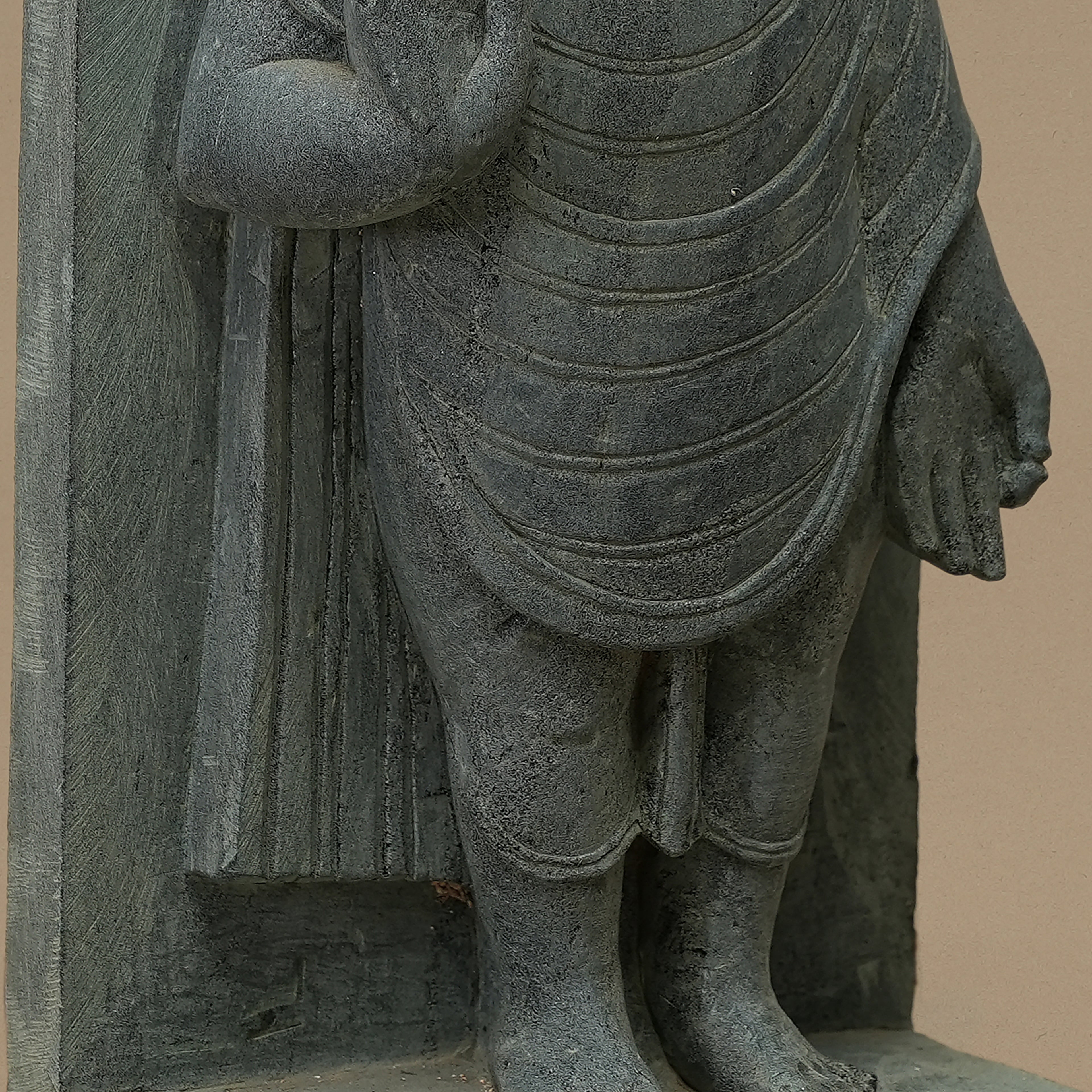 Base view of 12 inch Lord Buddha statue with blessing gesture handcrafted from Dungarpur black stone