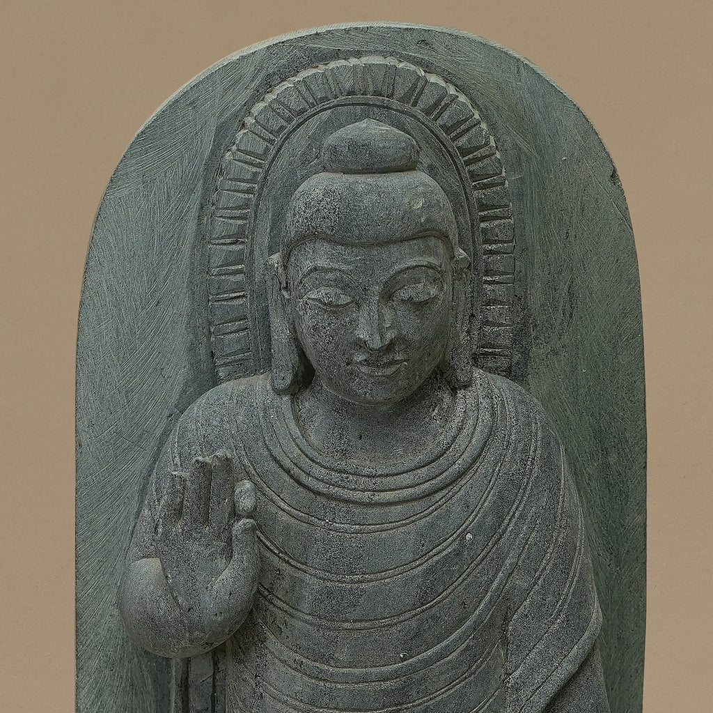 Cover-up view of 12 inch Lord Buddha statue with blessing gesture handcrafted from Dungarpur black stone