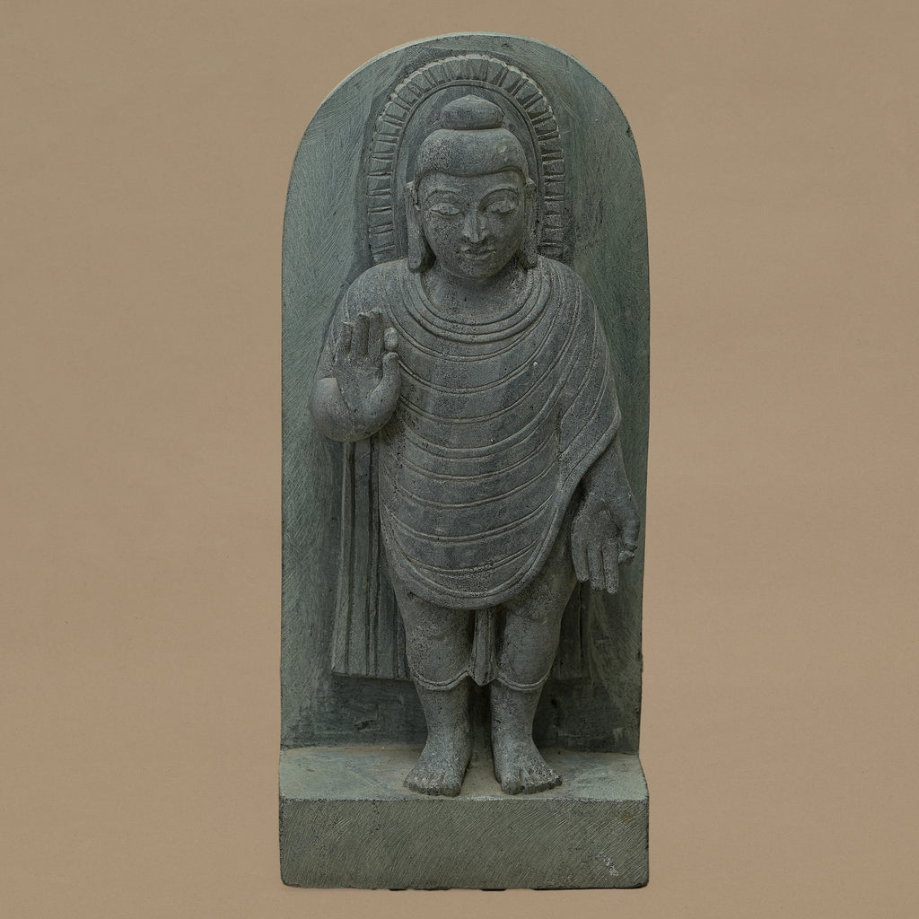 Front view of 12 inch Lord Buddha statue with blessing gesture handcrafted from Dungarpur black stone