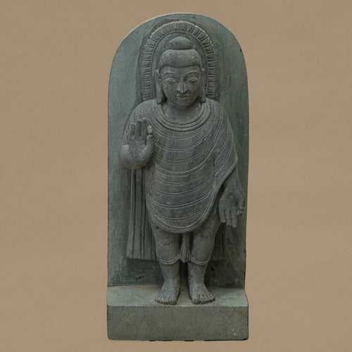 Front view of 12 inch Lord Buddha statue with blessing gesture handcrafted from Dungarpur black stone