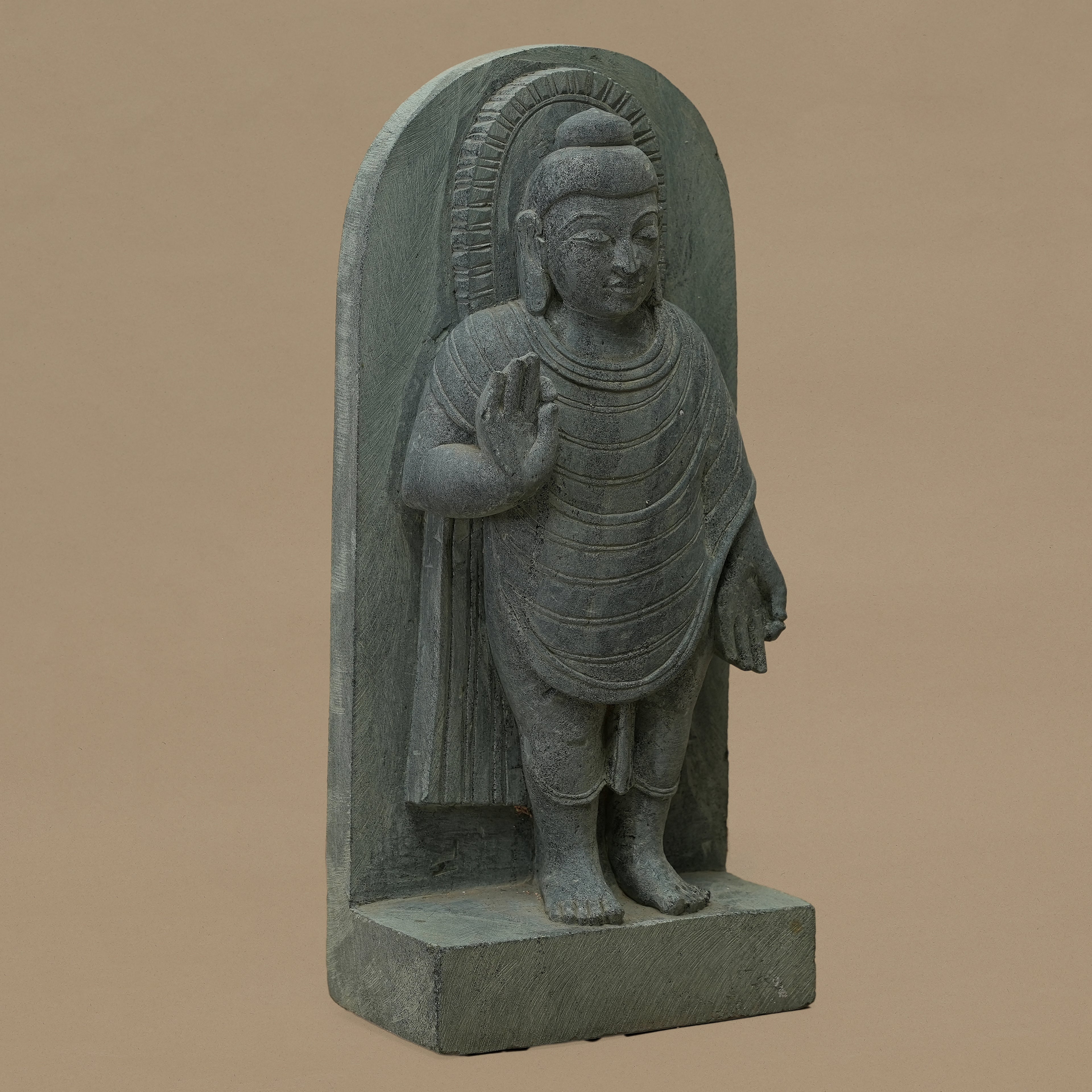 Left view of 12 inch Lord Buddha statue with blessing gesture handcrafted from Dungarpur black stone