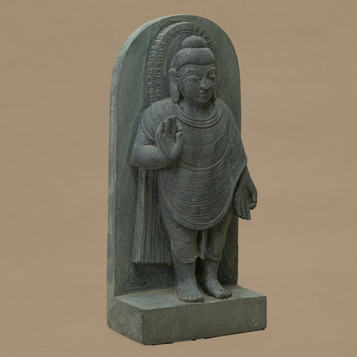 Left view of 12 inch Lord Buddha statue with blessing gesture handcrafted from Dungarpur black stone