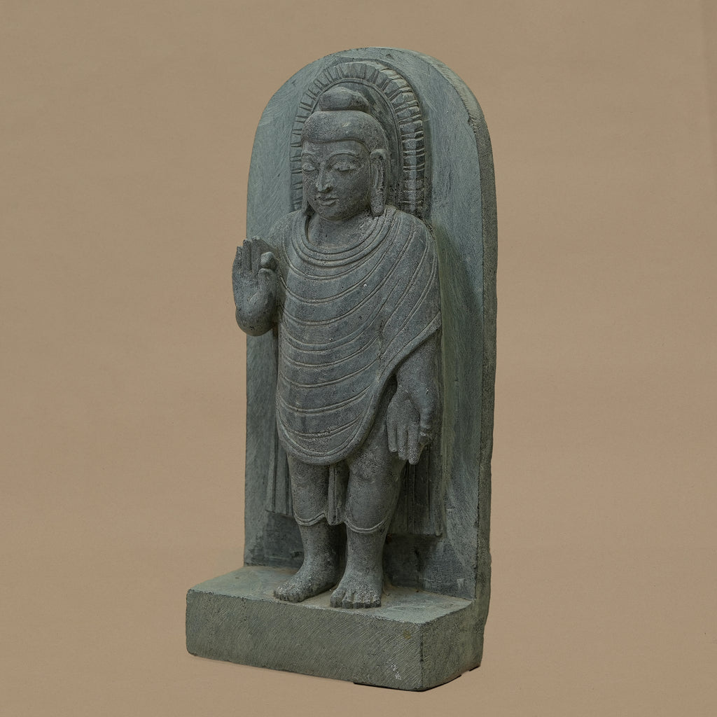 Right view of 12 inch Lord Buddha statue with blessing gesture handcrafted from Dungarpur black stone