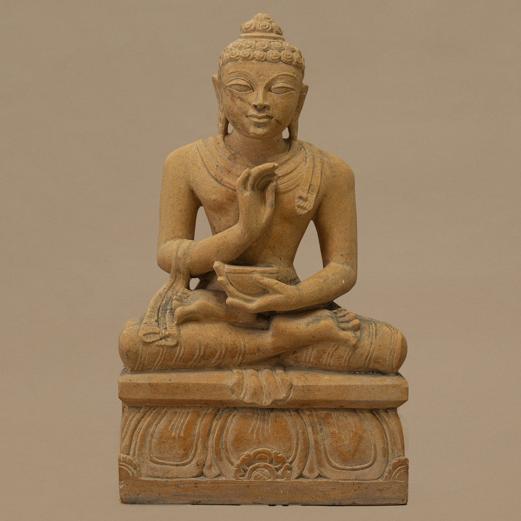 Front view of 12 inch Lord Buddha statue handcrafted from yellow sandstone for home decor