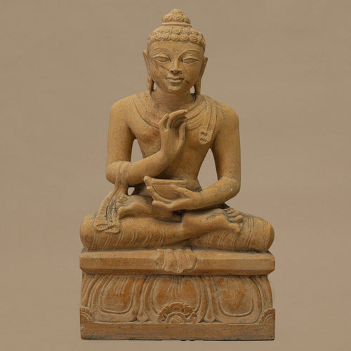 Front view of 12 inch Lord Buddha statue handcrafted from yellow sandstone for home decor