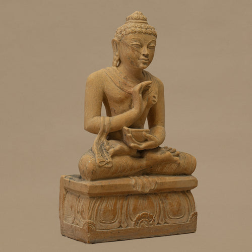 Left view of 12 inch Lord Buddha statue handcrafted from yellow sandstone for home decor