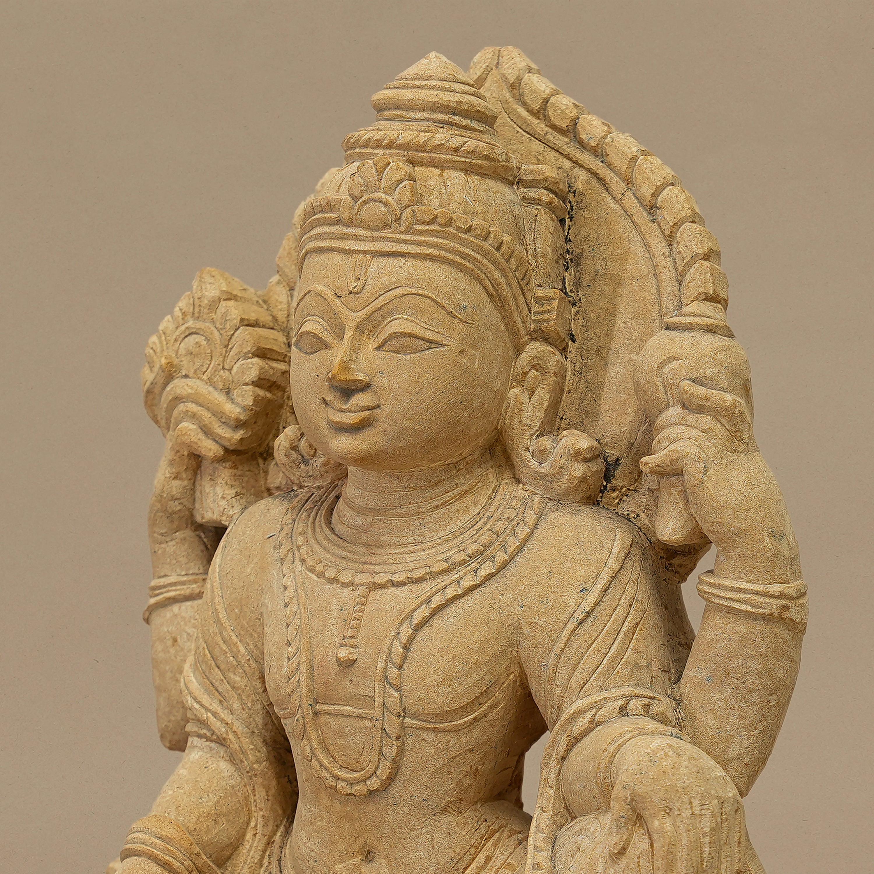 Close up of 12 inch Lord Vishnu showcasing its face and upper body