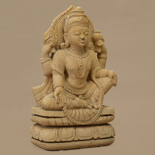 Left angle view of handcrafted 12 inch Lord Vishnu statue carved from yellow sandstone