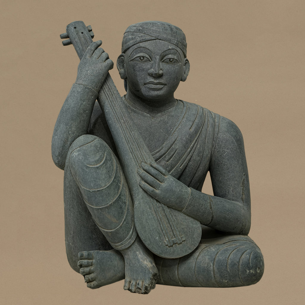 16" Tanpura-Playing Musician Statue | Handcrafted from Dungarpur Black Stone