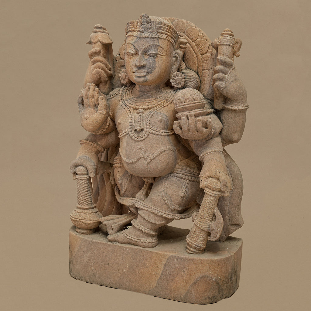 17.5" Six-Armed Male Deity Statue | Handcrafted from Pink Sandstone