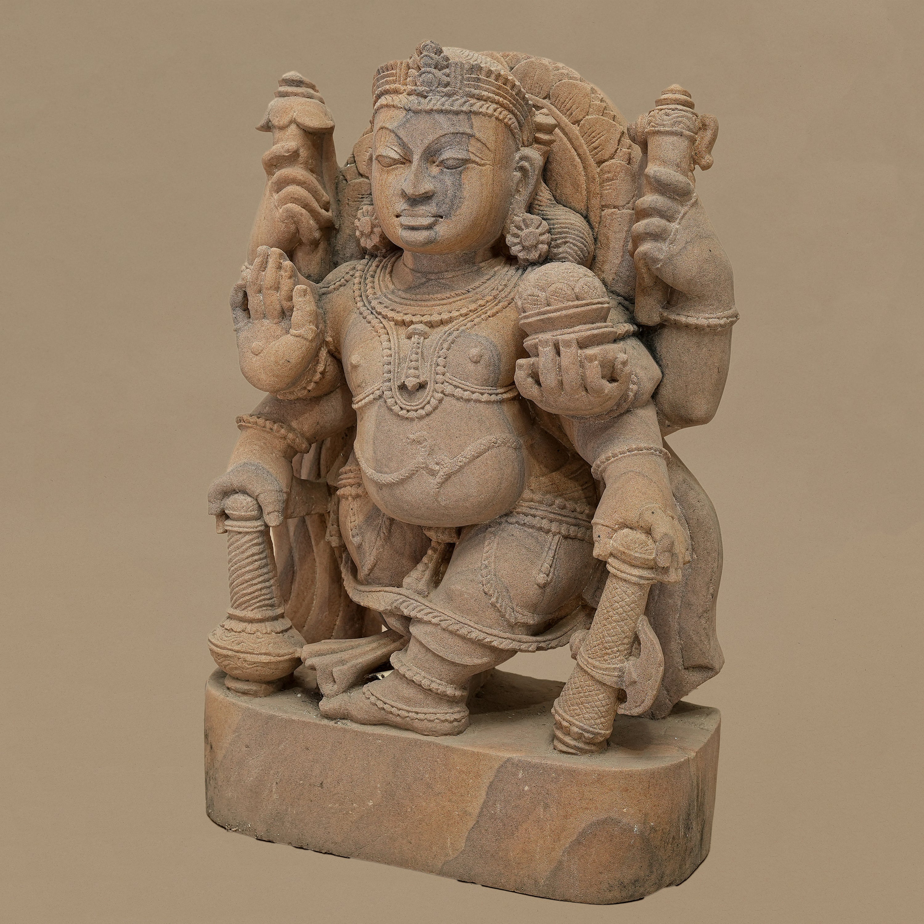17.5" Six-Armed Male Deity Statue | Handcrafted from Pink Sandstone