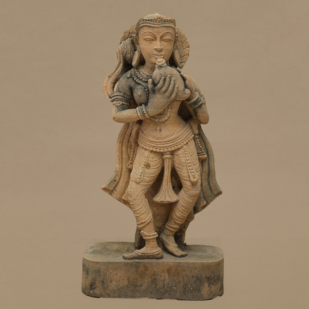 15" Devoted Female Statue | Handcrafted from Yellow Sandstone