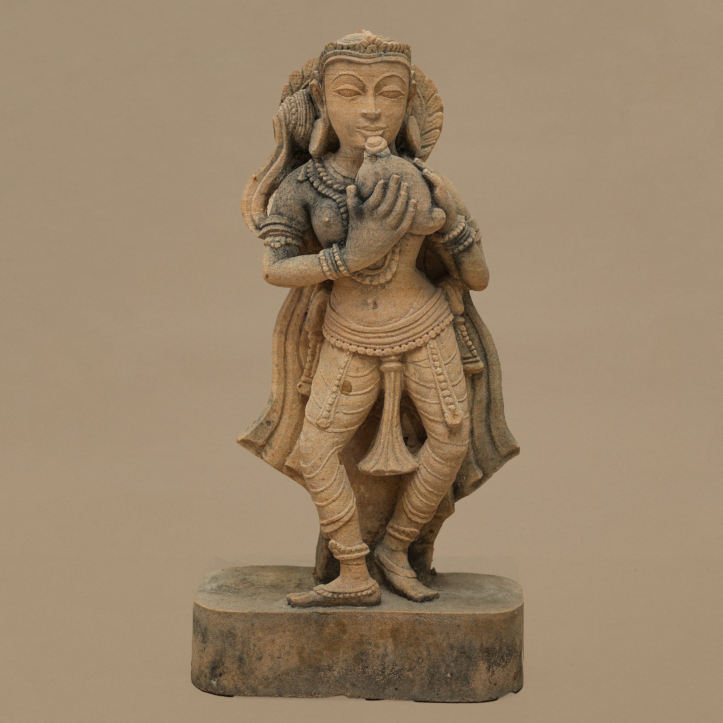 15" Devoted Female Statue | Handcrafted from Yellow Sandstone
