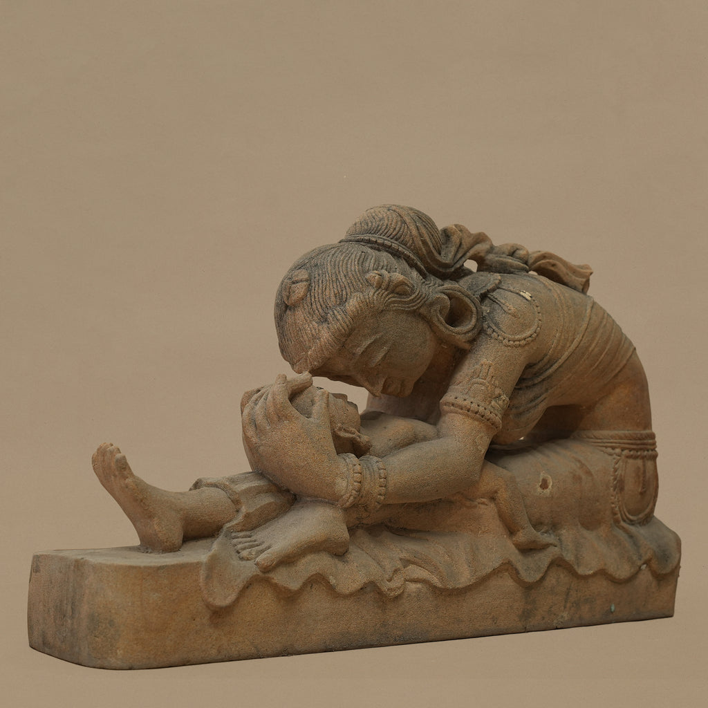 14" Mother-Child Statue | Handcrafted from Yellow Sandstone