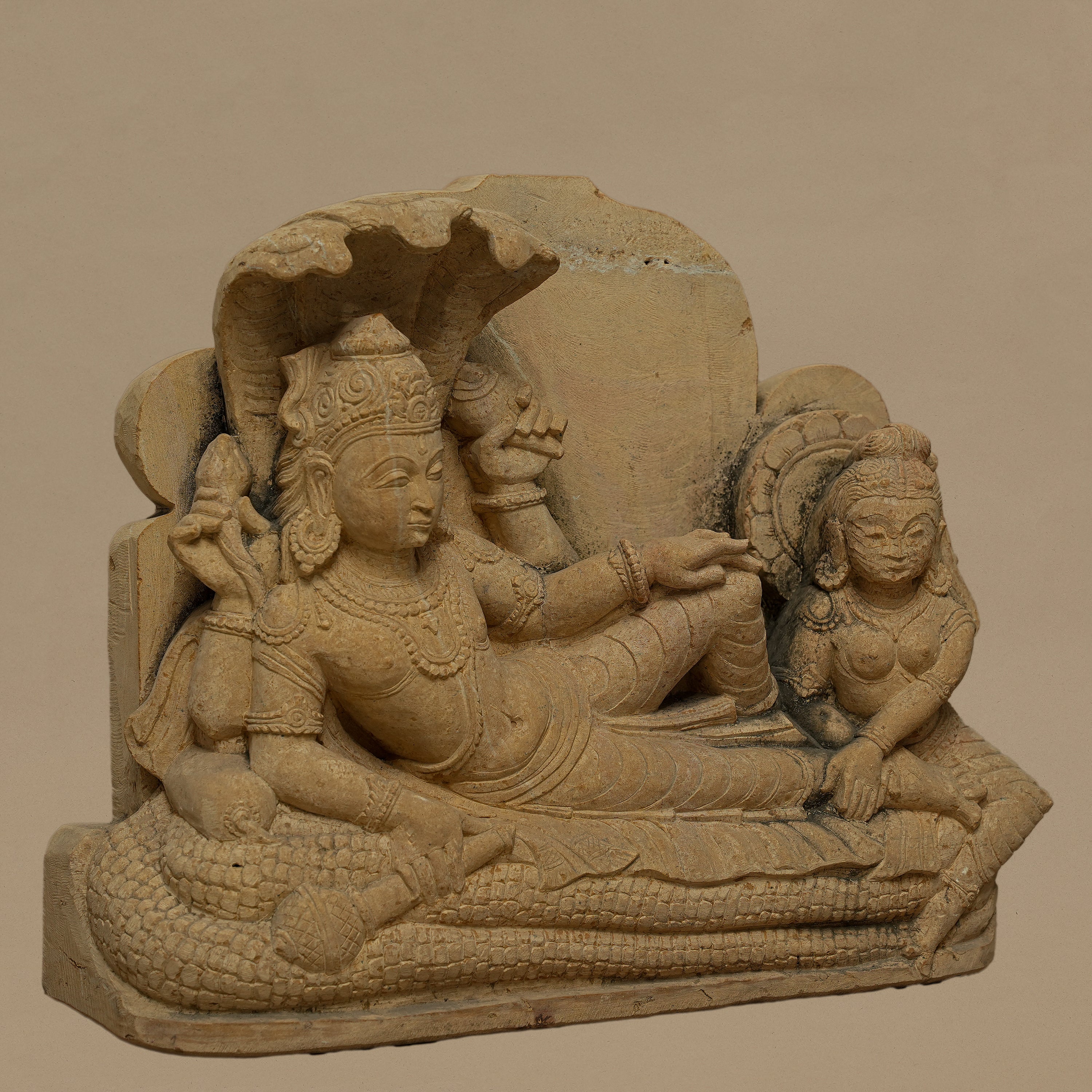 15.5" Lord Vishnu-Maa Laxmi statue | Handcrafted from Yellow Sandstone