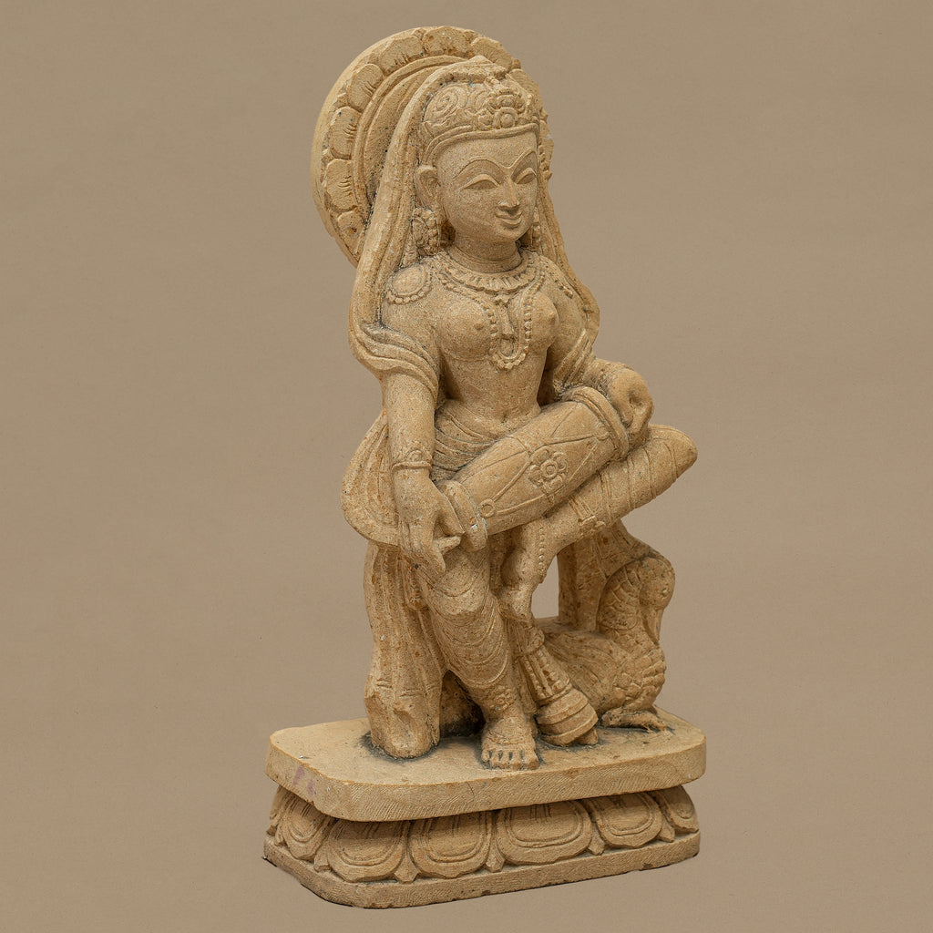15" Dholak-playing Female Musician Statue | Handcrafted from Yellow Sandstone