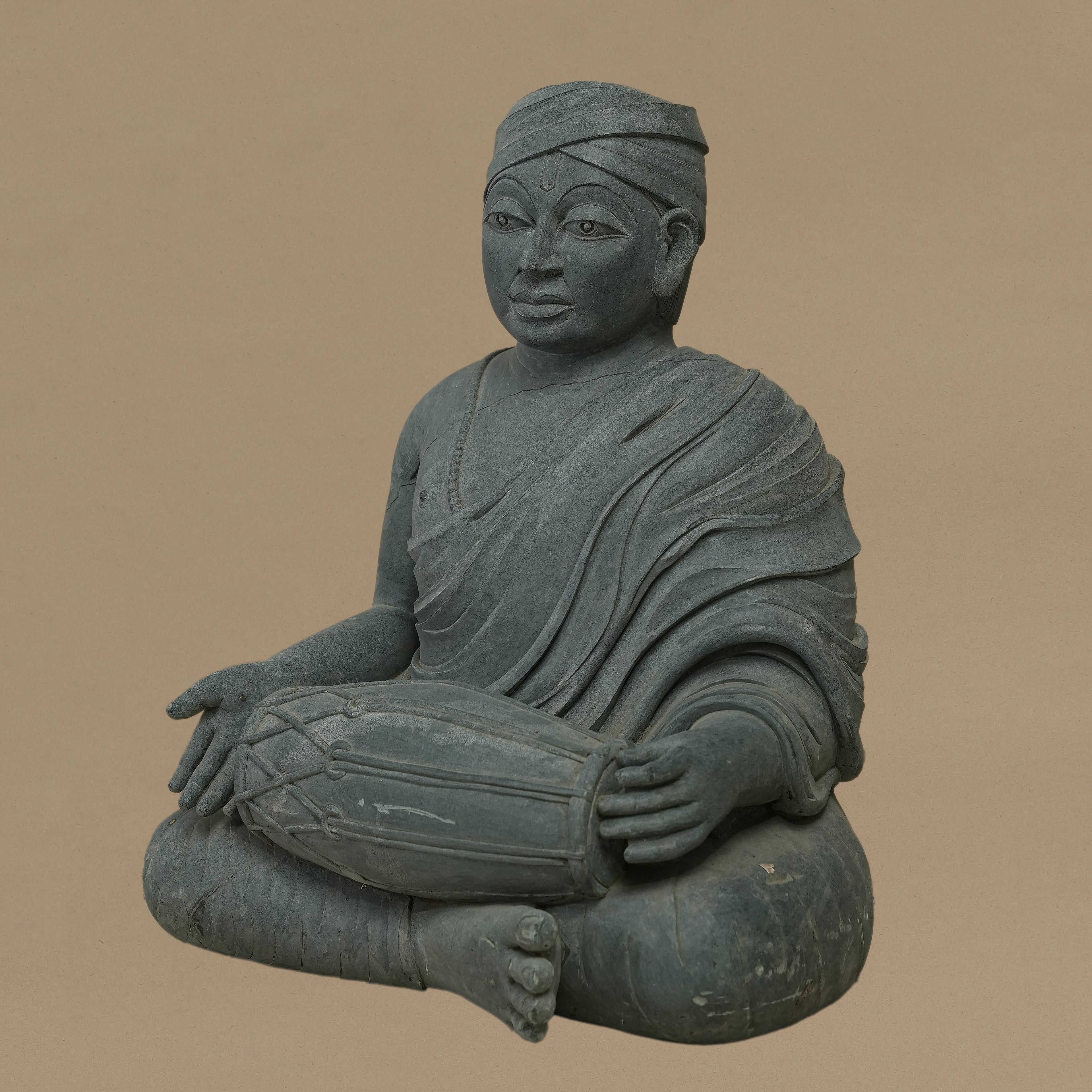 16" Dholak-Playing Musician Statue | Handcrafted from Dungarpur Black Stone