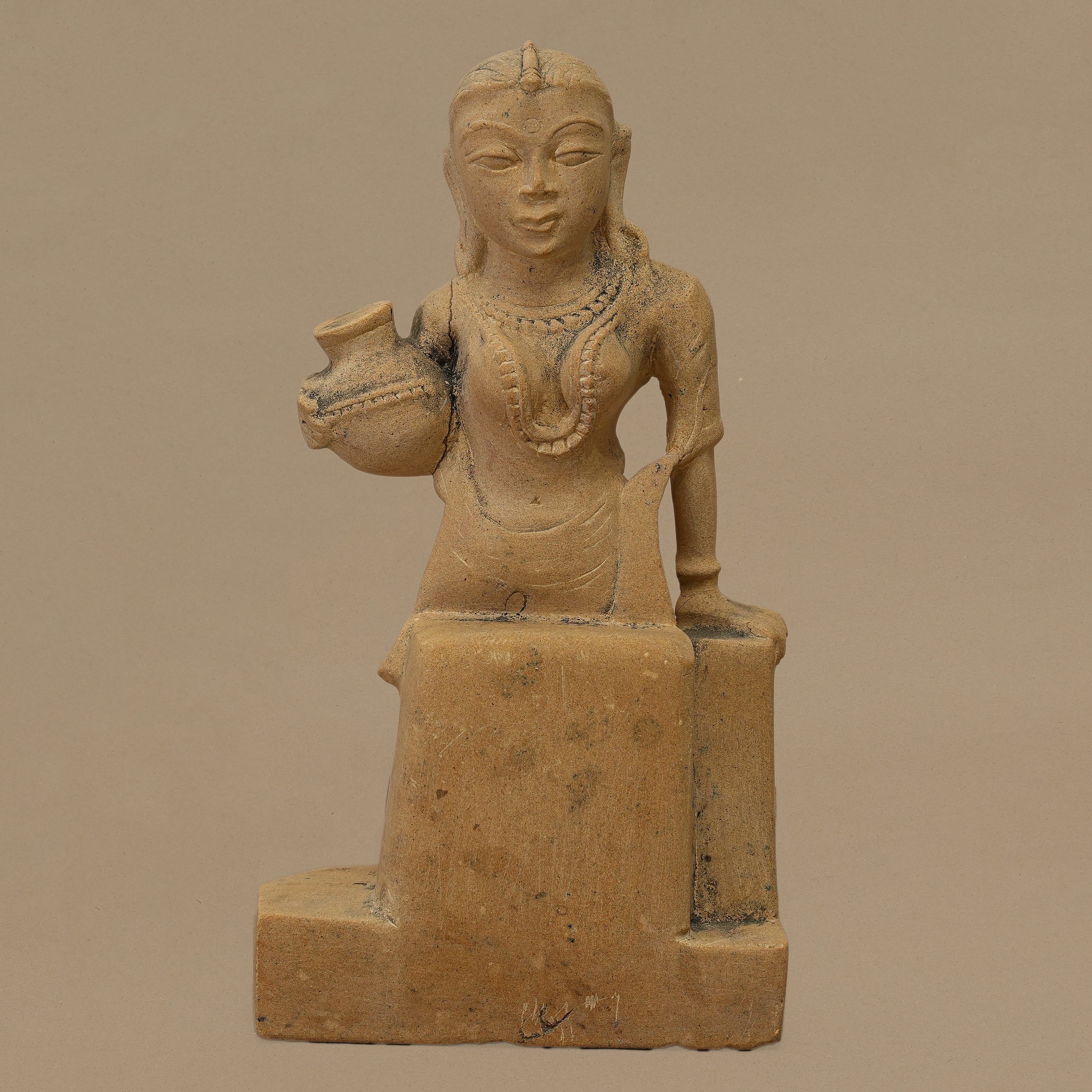 10.5" Pot-Holding Female Statue | Handcrafted from Yellow Sandstone
