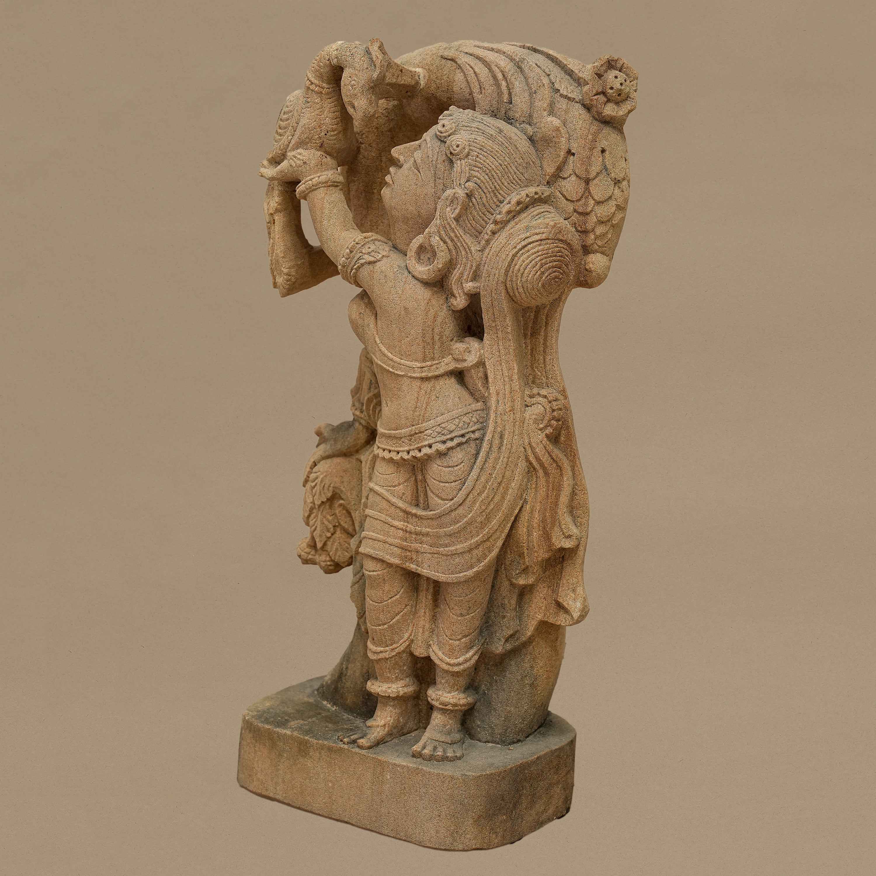 14.5" Female with Bird Statue | Handcrafted from Yellow Sandstone