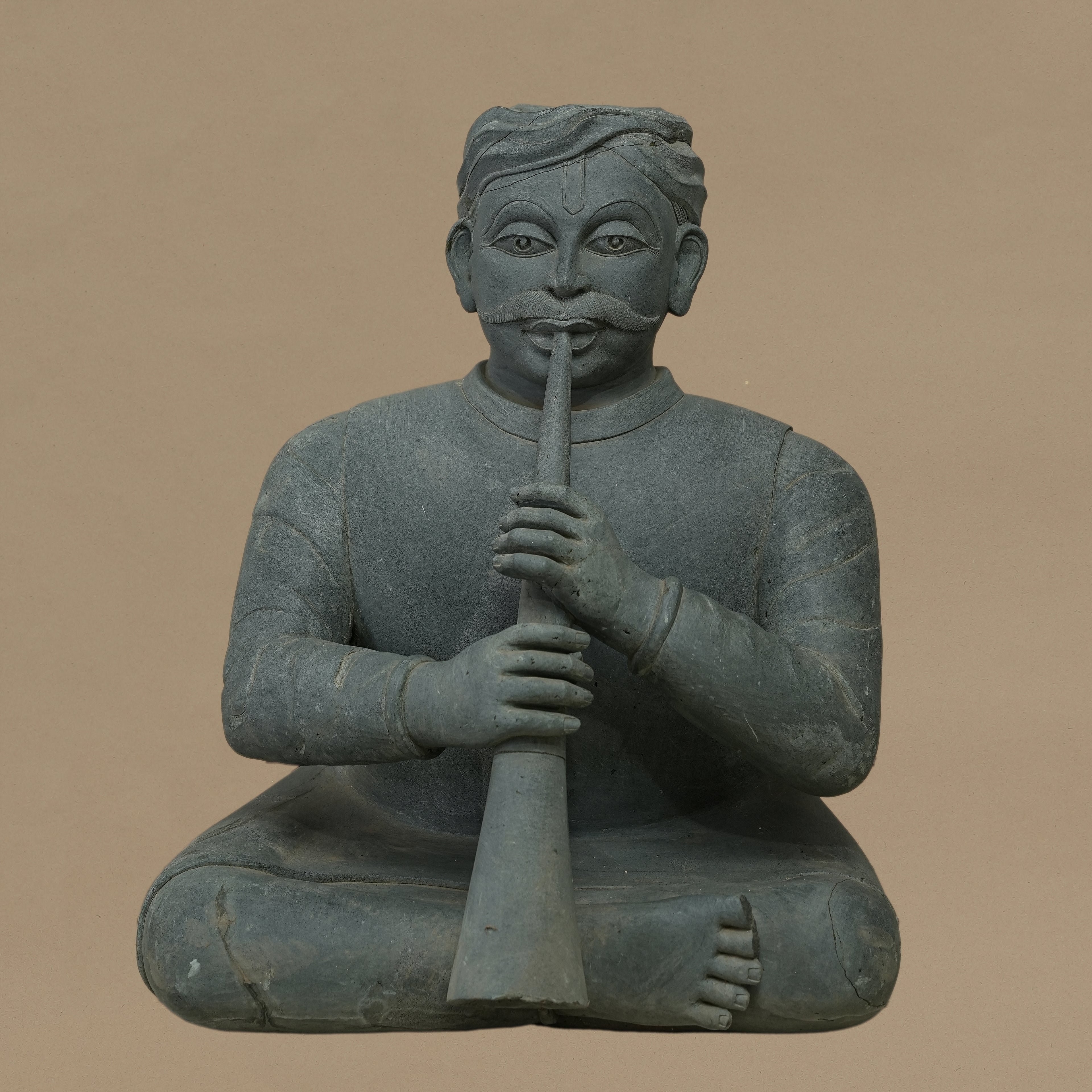 16" Shehnai-Playing Musician Statue | Handcrafted from Dungarpur Black Stone