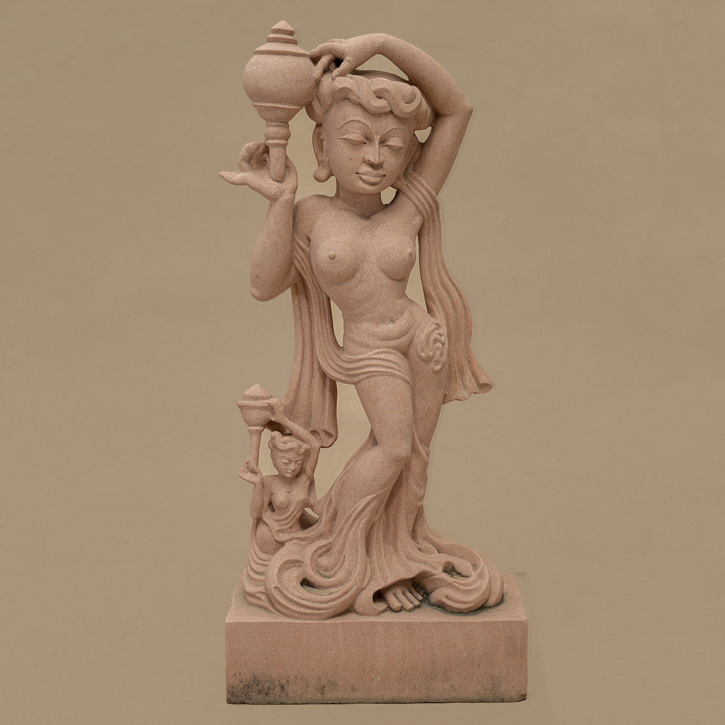 22" Graceful Female Statue | Handcrafted from Pink Sandstone