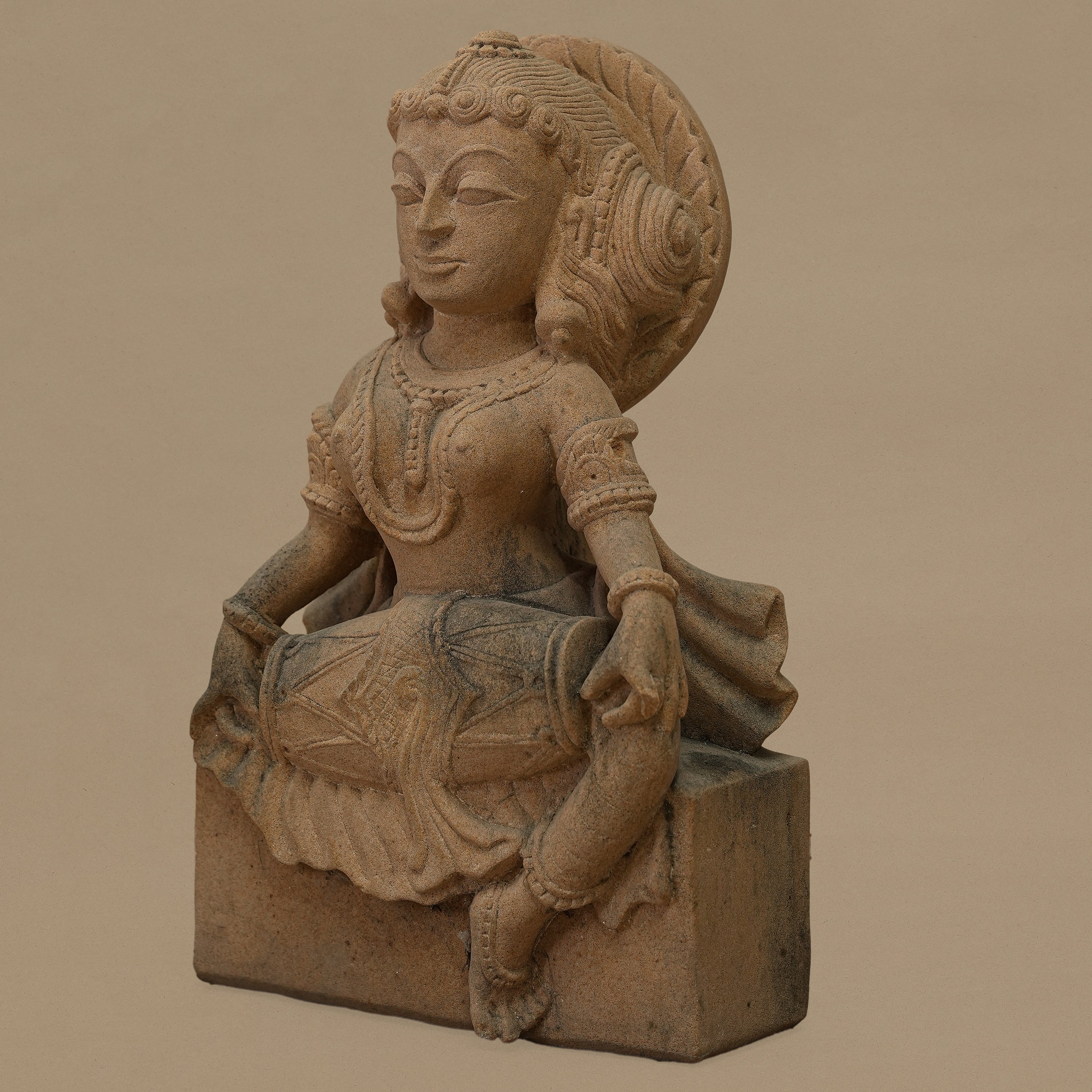 12" Dholak-Playing Female Statue | Handcrafted from Yellow Sandstone