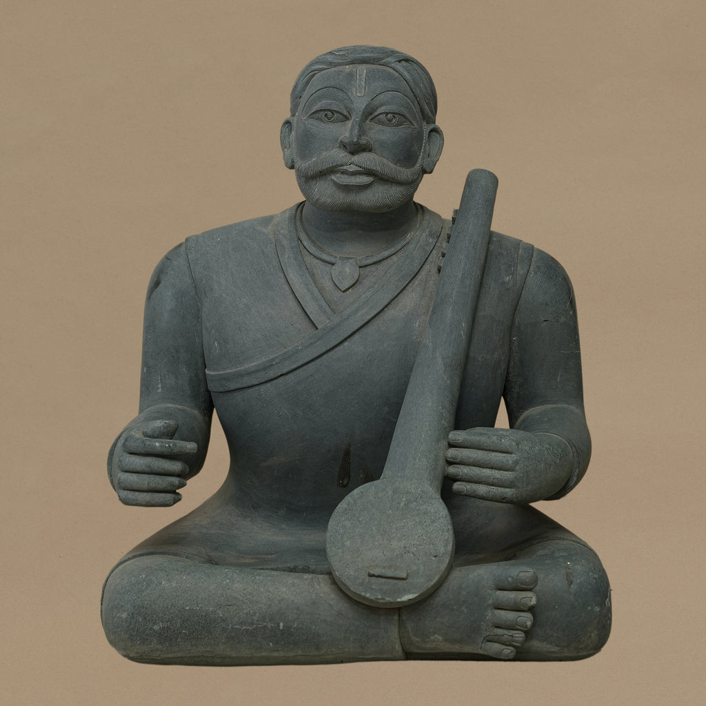 16" Tanpura-Playing Musician Statue | Handcrafted from Dungarpur Black Stone