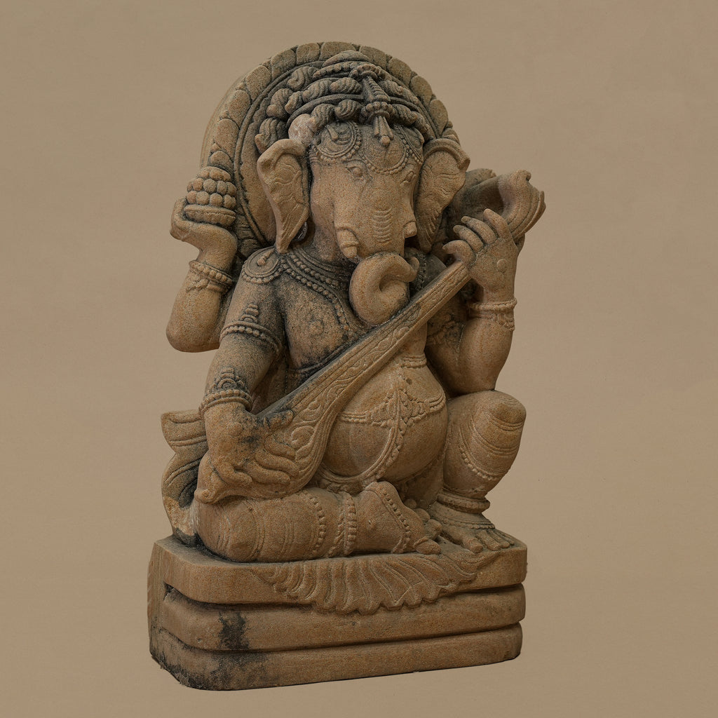 15" Veena-playing Lord Ganesha Statue | Handcrafted from Yellow Sandstone