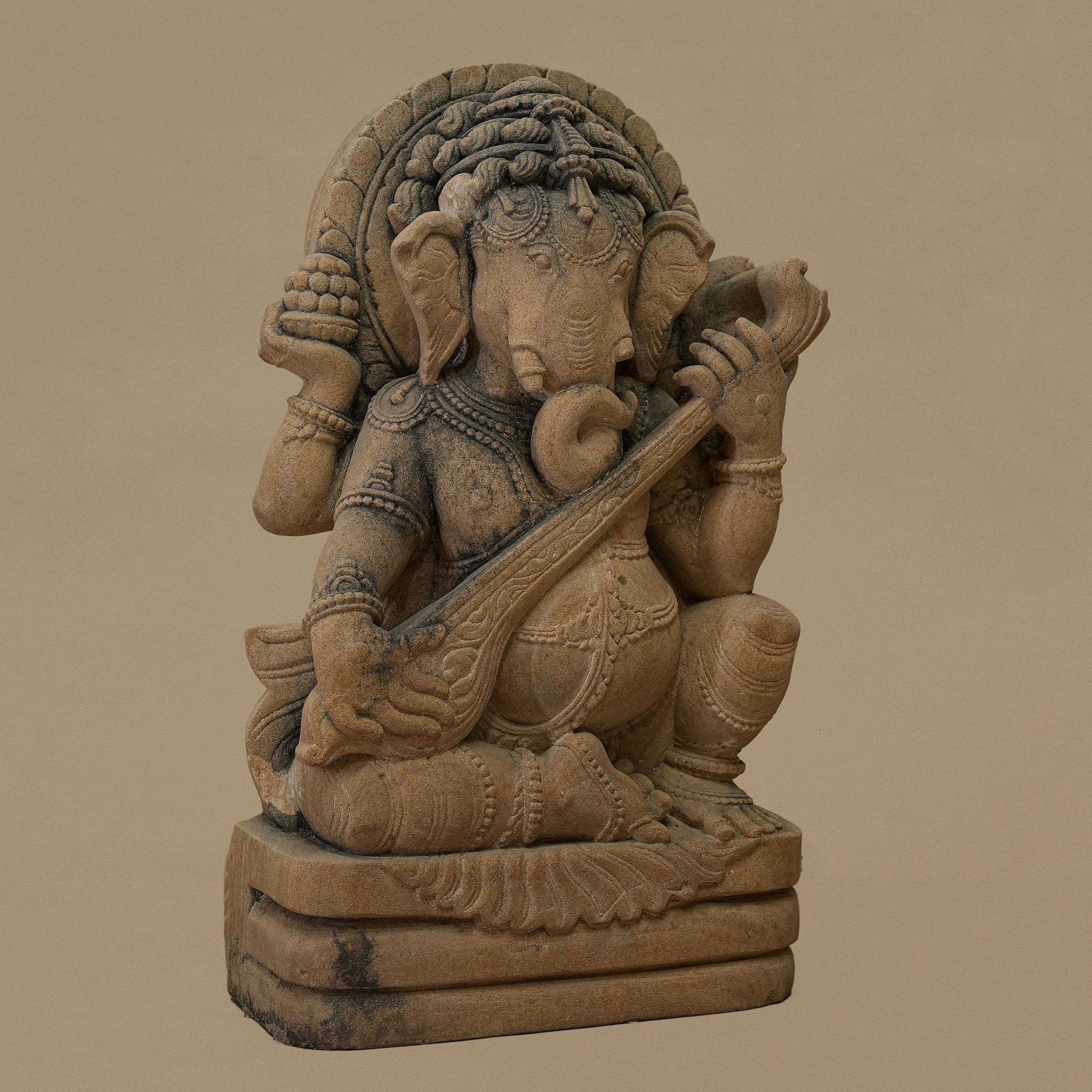 15" Veena-playing Lord Ganesha Statue | Handcrafted from Yellow Sandstone