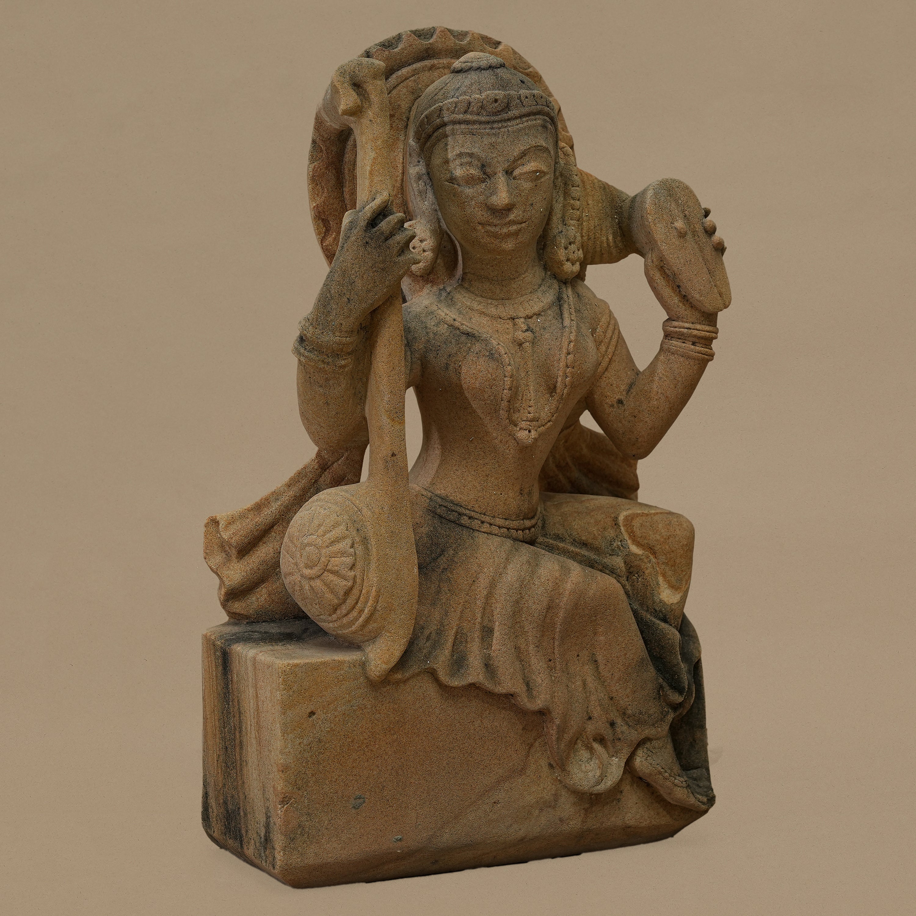14.5" Female Musician Statue | Handcrafted from Yellow Sandstone
