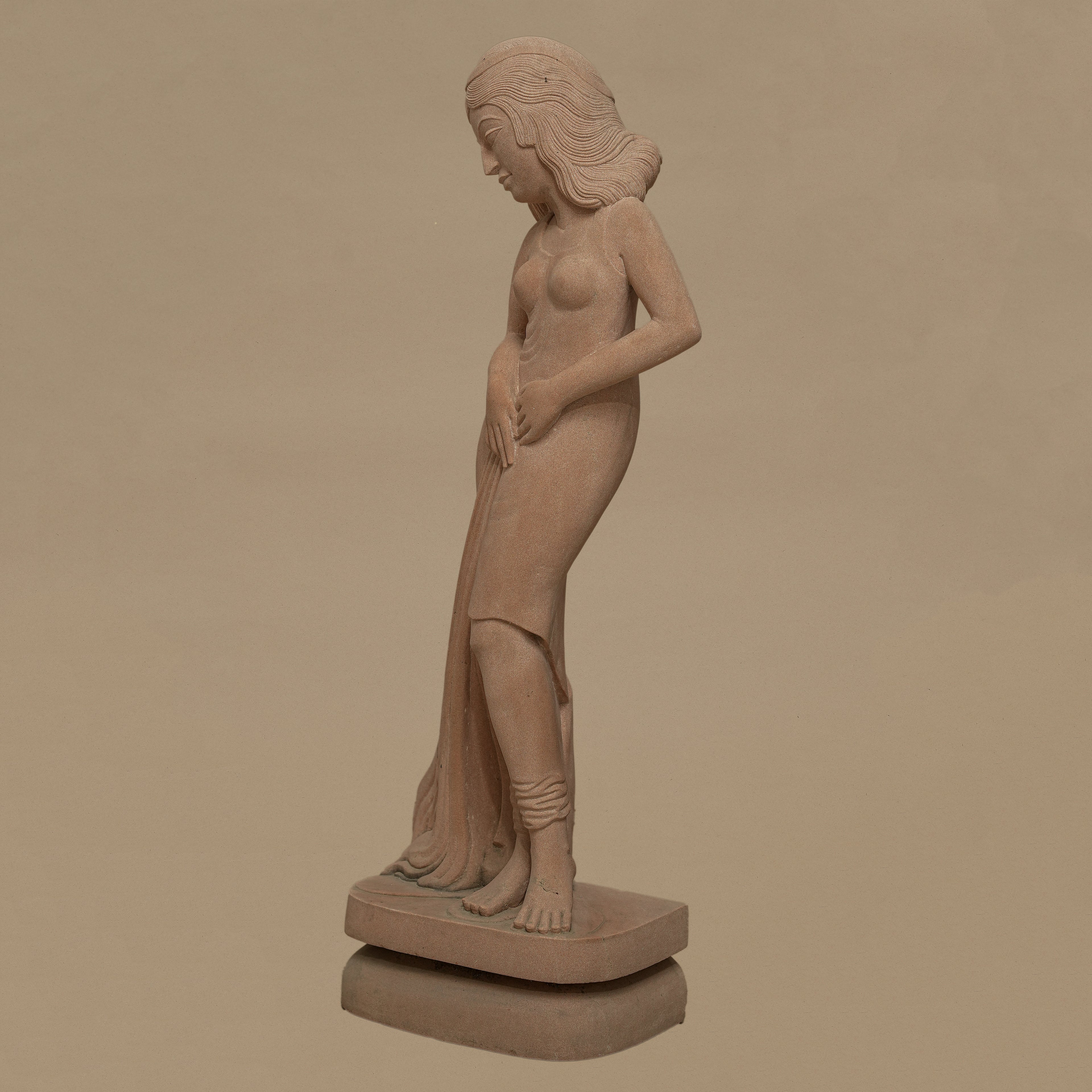 24" Elegant Female Statue | Handcrafted from Pink Sandstone