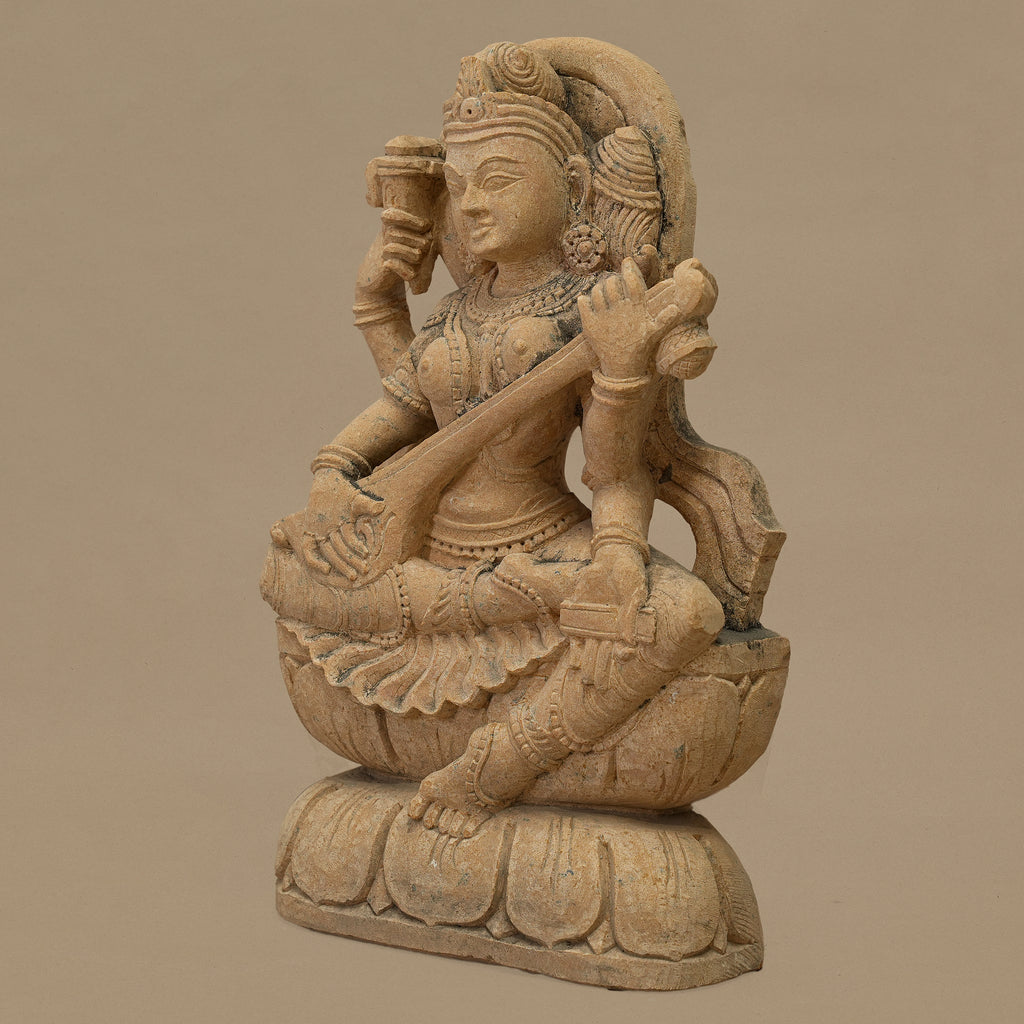 12" Maa Saraswati Statue | Handcrafted from Yellow Sandstone