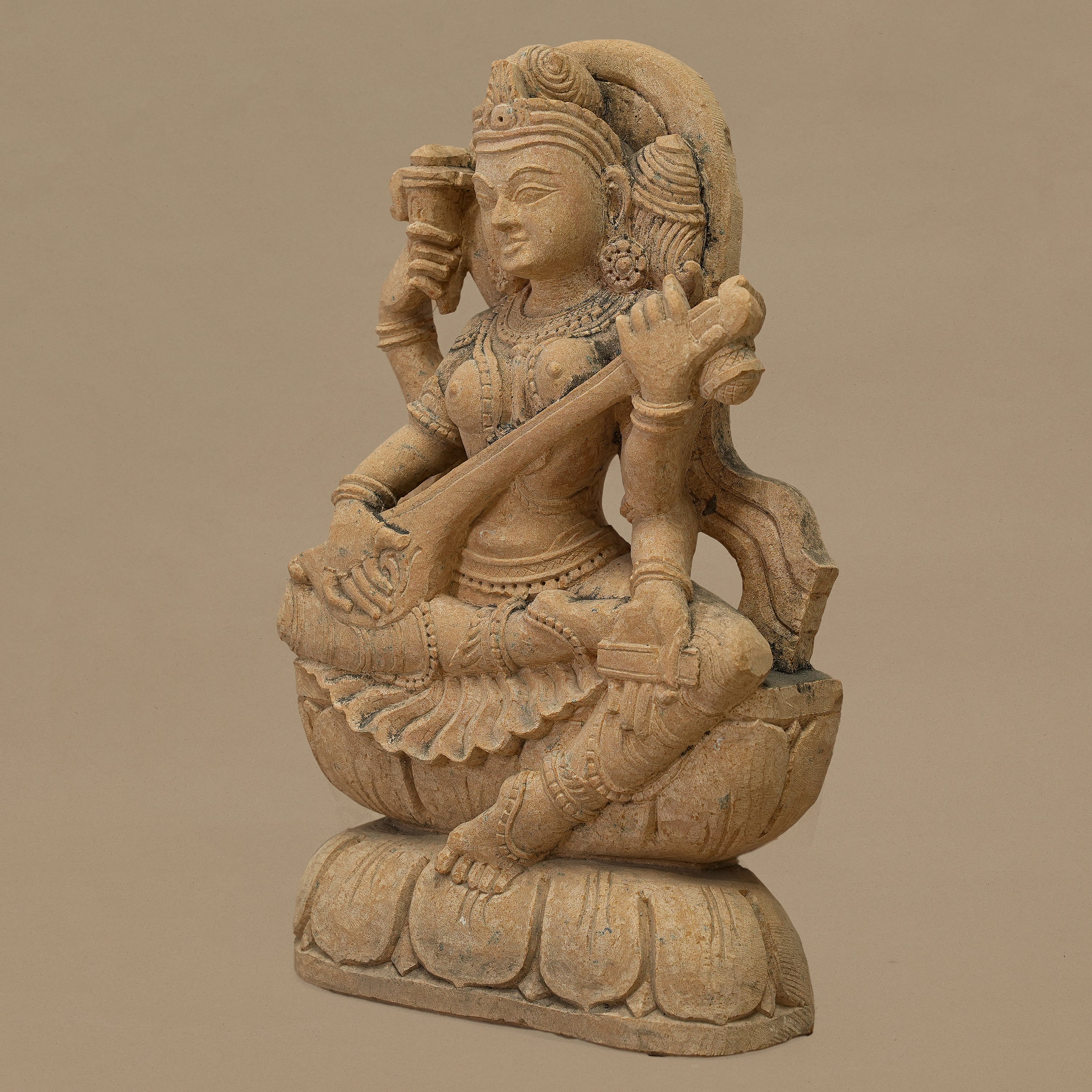 12" Maa Saraswati Statue | Handcrafted from Yellow Sandstone