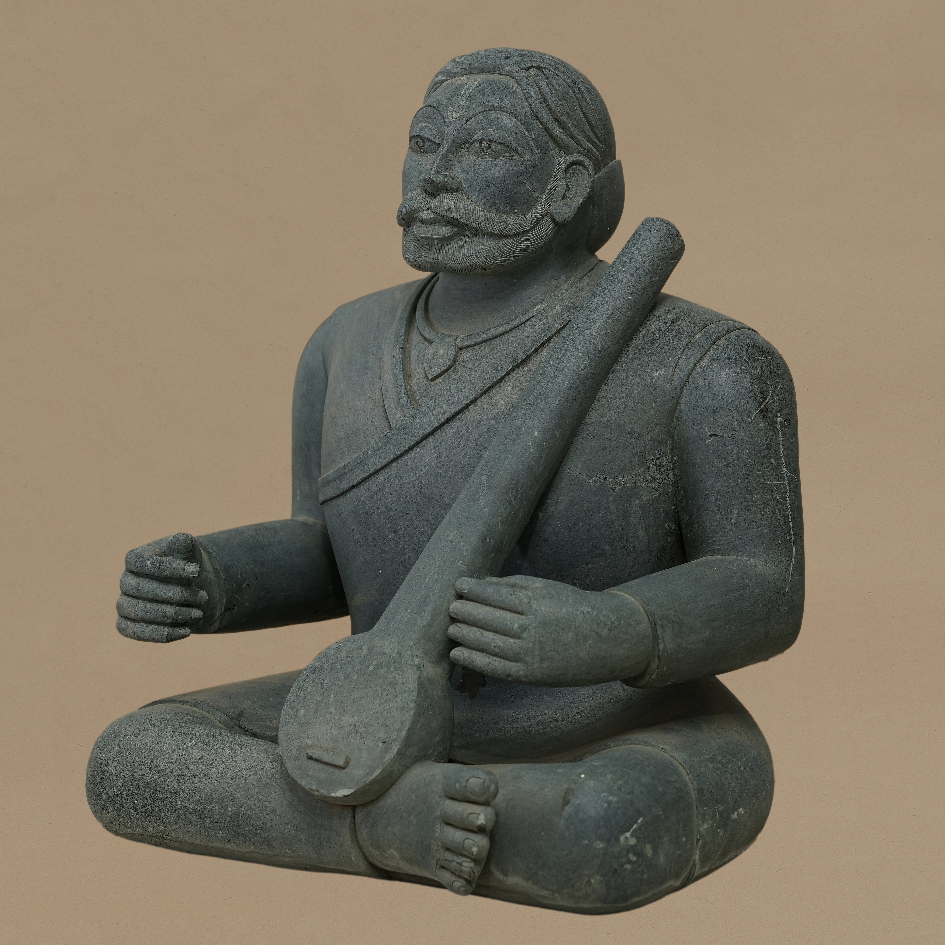 16" Tanpura-Playing Musician Statue | Handcrafted from Dungarpur Black Stone