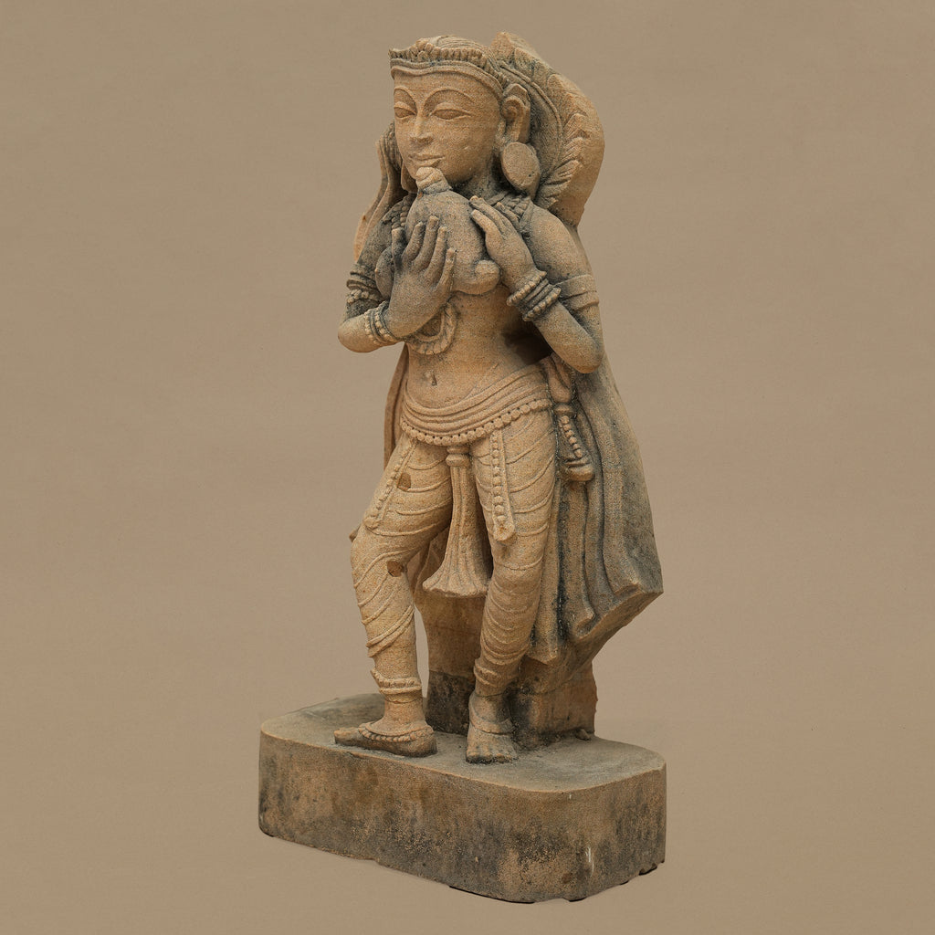 15" Devoted Female Statue | Handcrafted from Yellow Sandstone