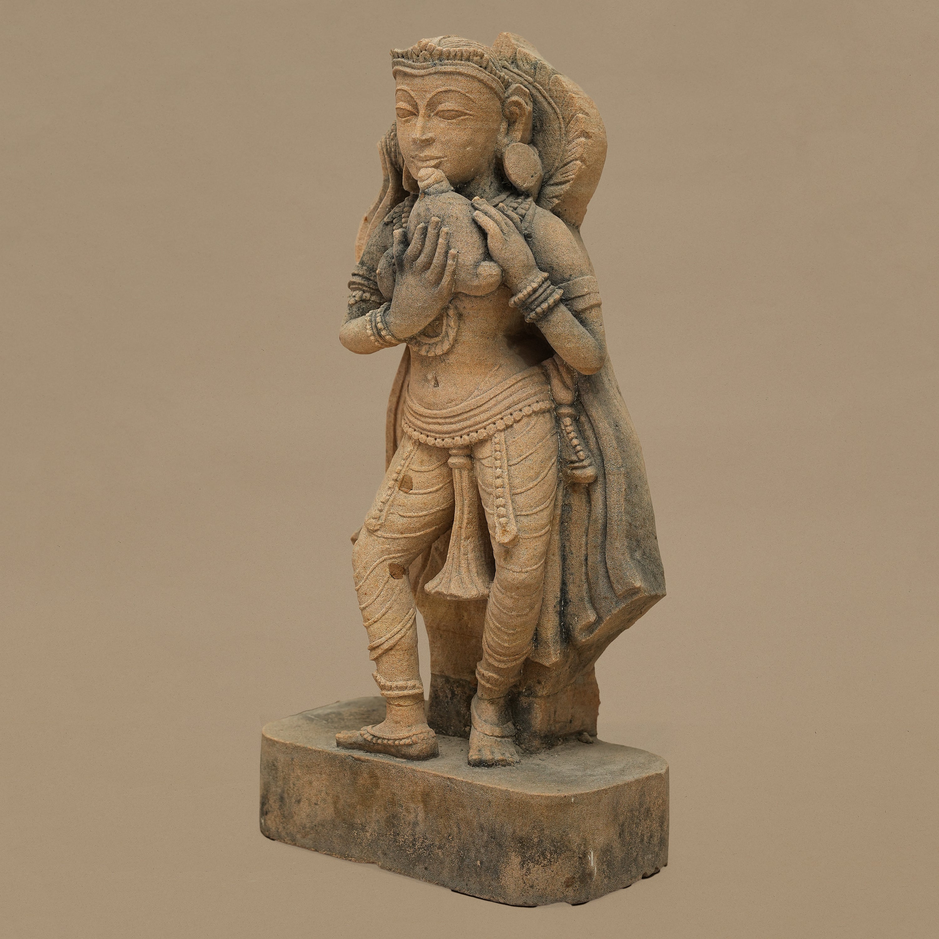 15" Devoted Female Statue | Handcrafted from Yellow Sandstone