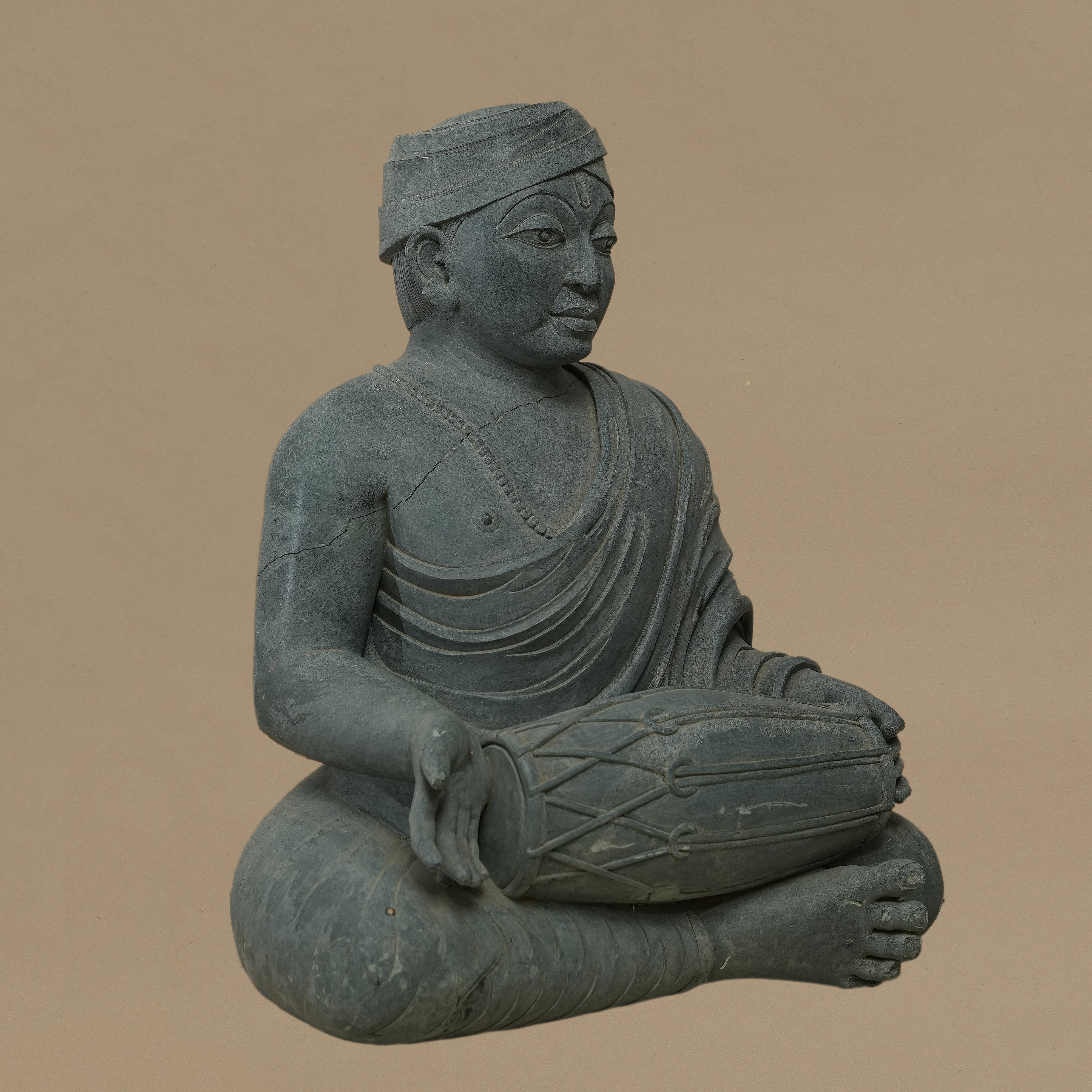 16" Dholak-Playing Musician Statue | Handcrafted from Dungarpur Black Stone