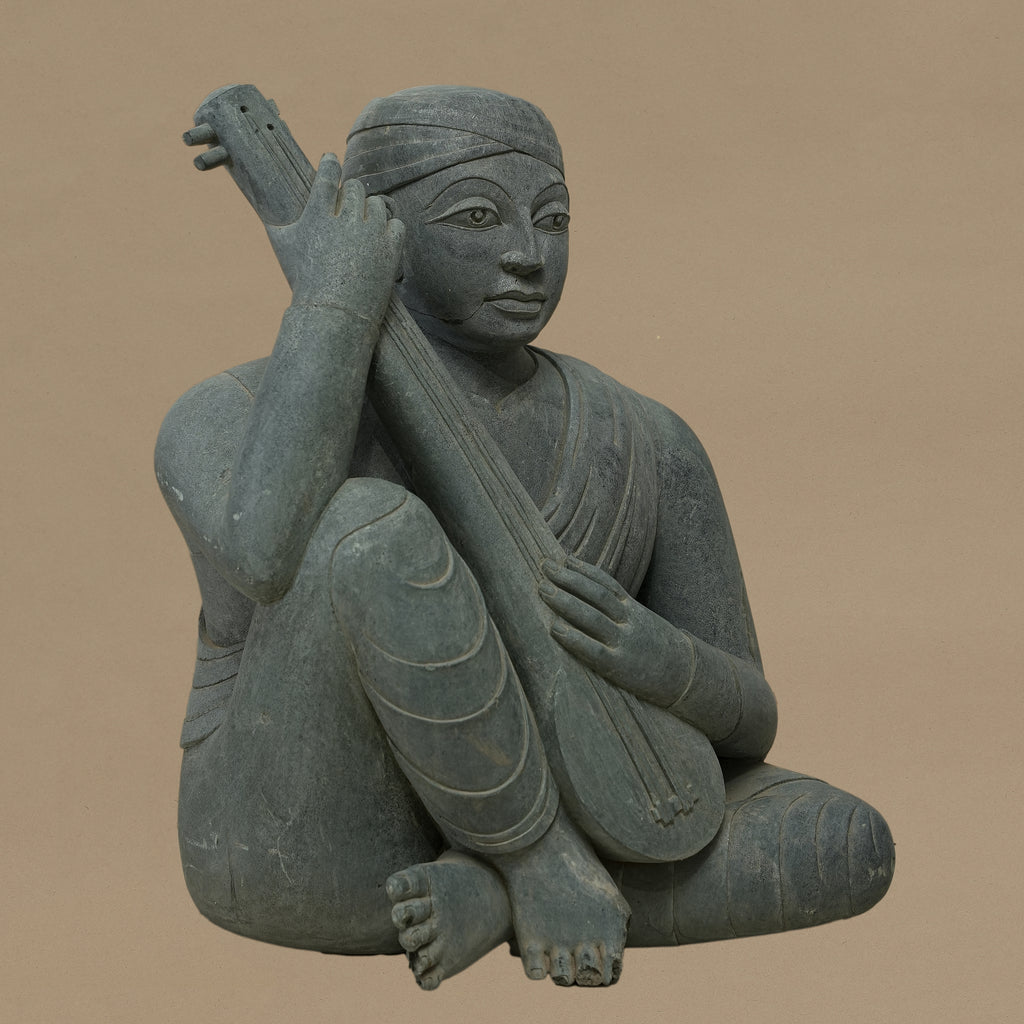 16" Tanpura-Playing Musician Statue | Handcrafted from Dungarpur Black Stone