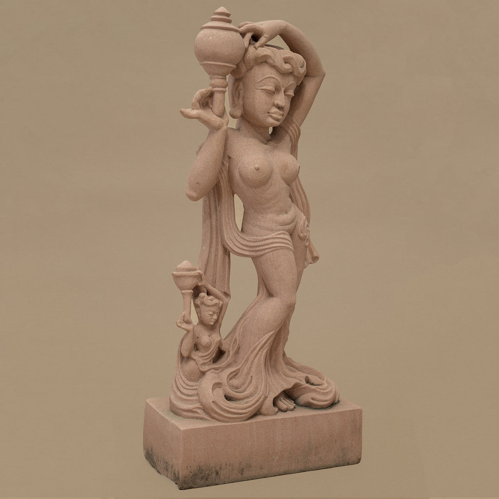 22" Graceful Female Statue | Handcrafted from Pink Sandstone