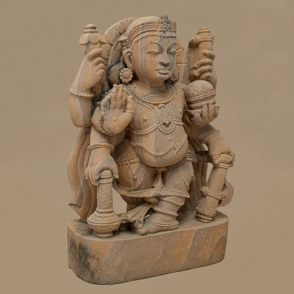 17.5" Six-Armed Male Deity Statue | Handcrafted from Pink Sandstone