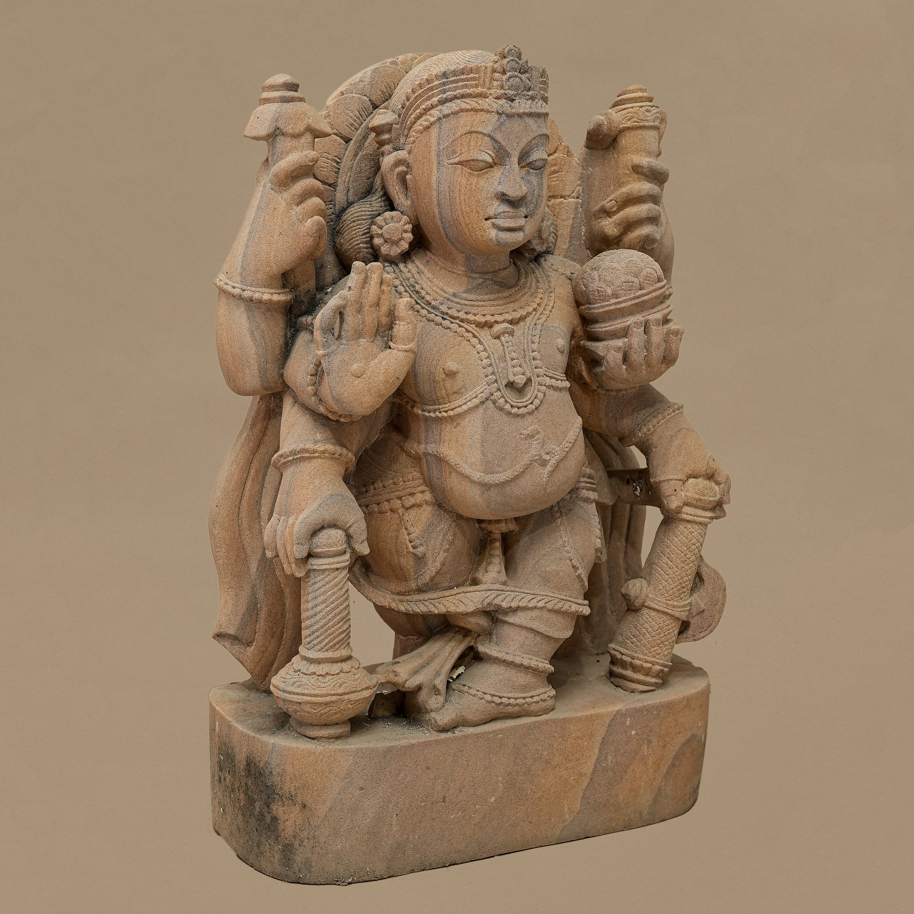 17.5" Six-Armed Male Deity Statue | Handcrafted from Pink Sandstone