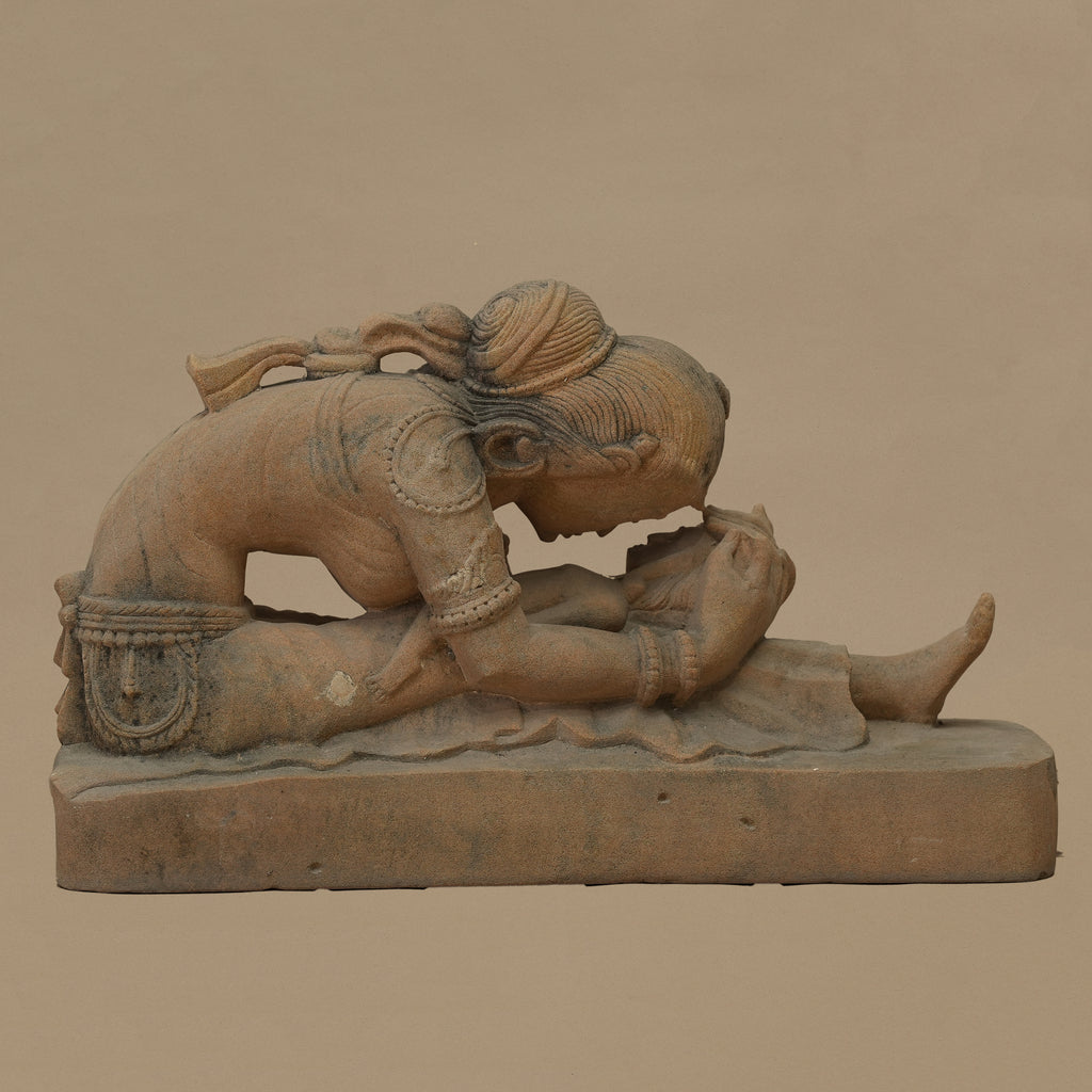 14" Mother-Child Statue | Handcrafted from Yellow Sandstone