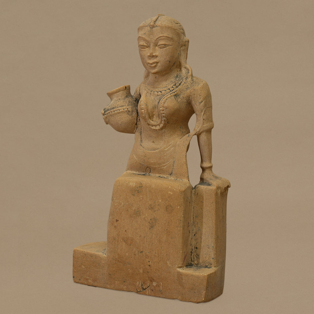10.5" Pot-Holding Female Statue | Handcrafted from Yellow Sandstone