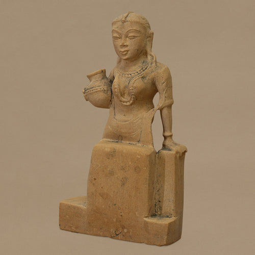 10.5" Pot-Holding Female Statue | Handcrafted from Yellow Sandstone