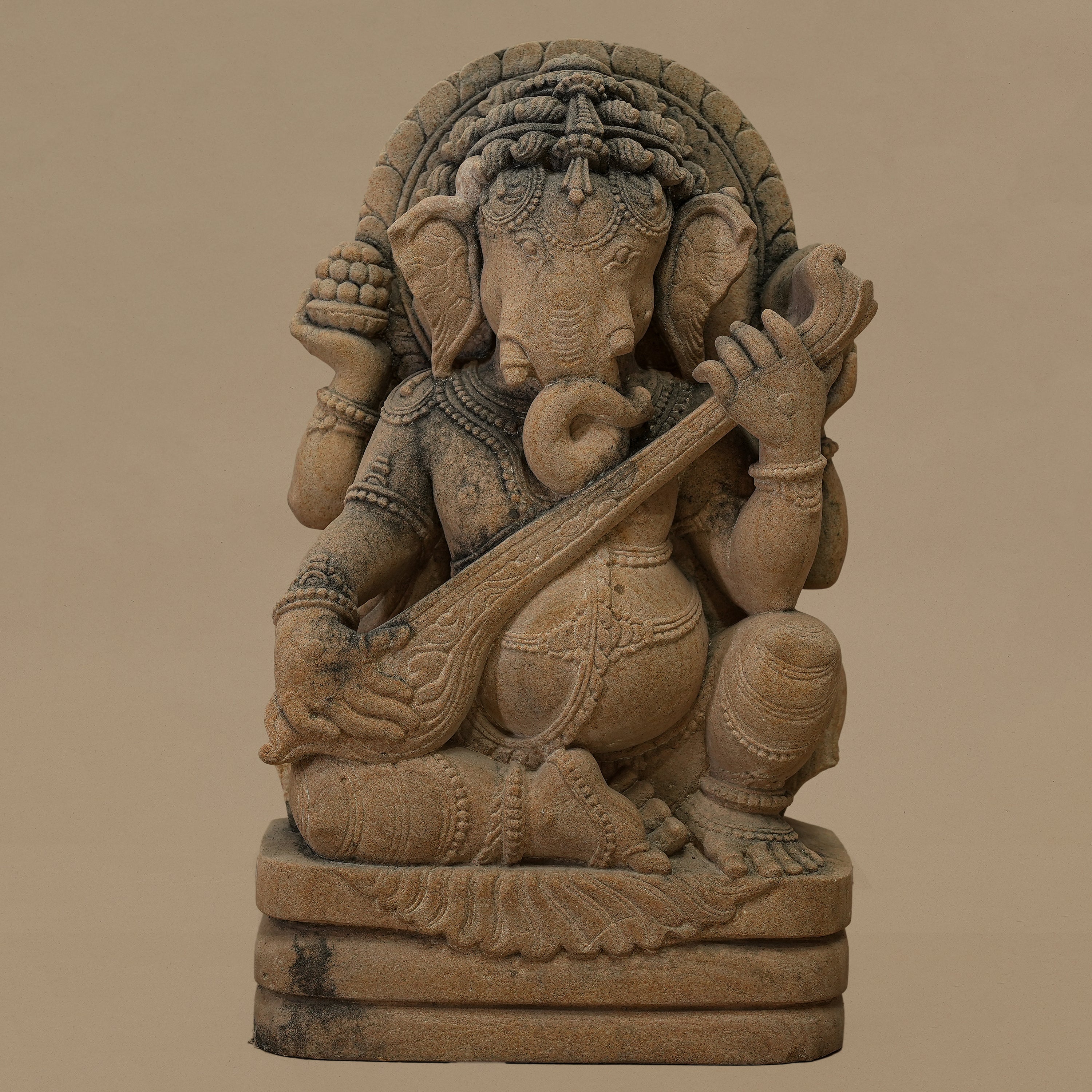 15" Veena-playing Lord Ganesha Statue | Handcrafted from Yellow Sandstone