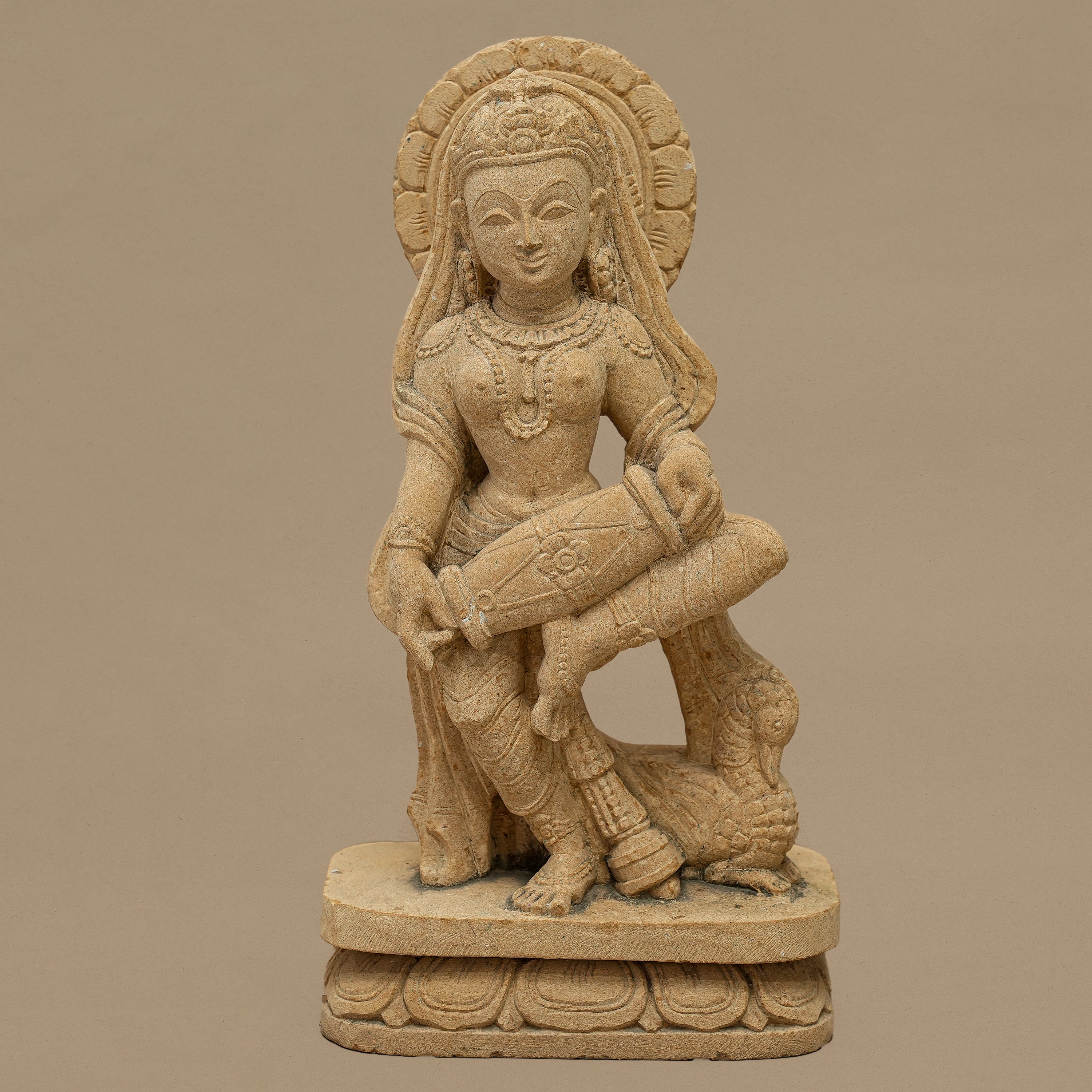 15" Dholak-playing Female Musician Statue | Handcrafted from Yellow Sandstone