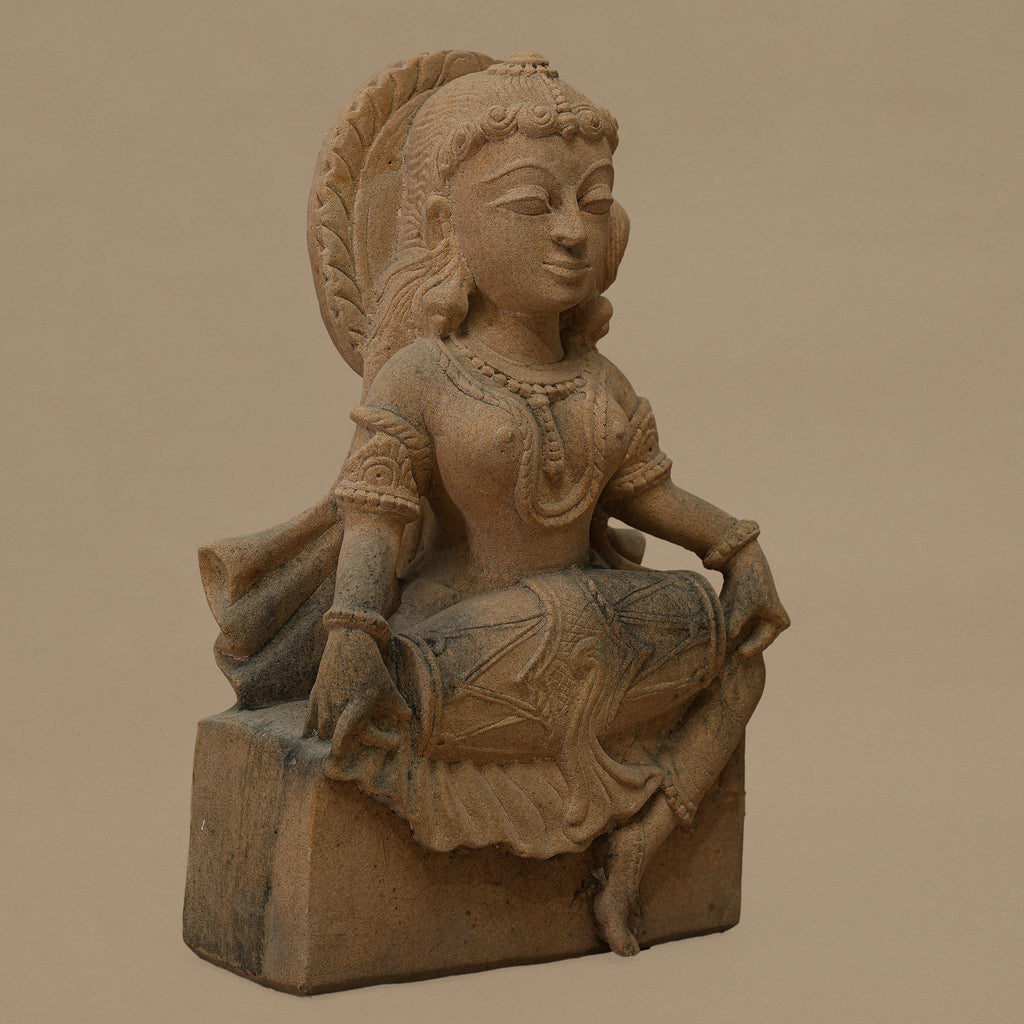 12" Dholak-Playing Female Statue | Handcrafted from Yellow Sandstone