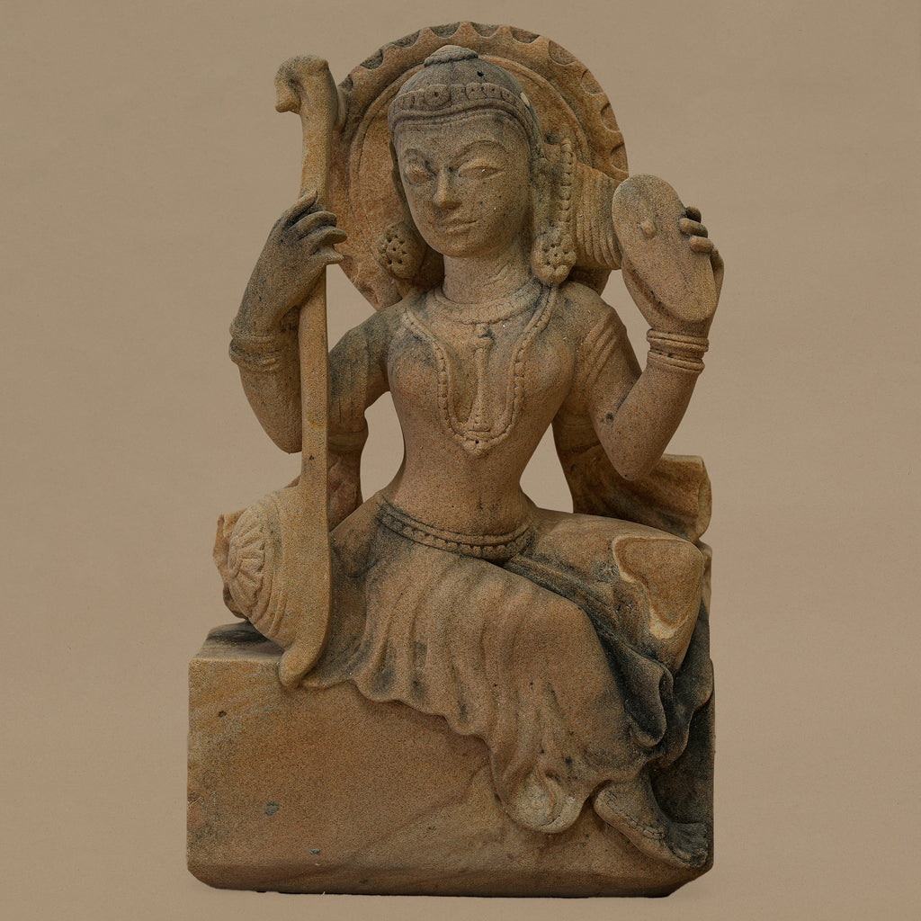 14.5" Female Musician Statue | Handcrafted from Yellow Sandstone